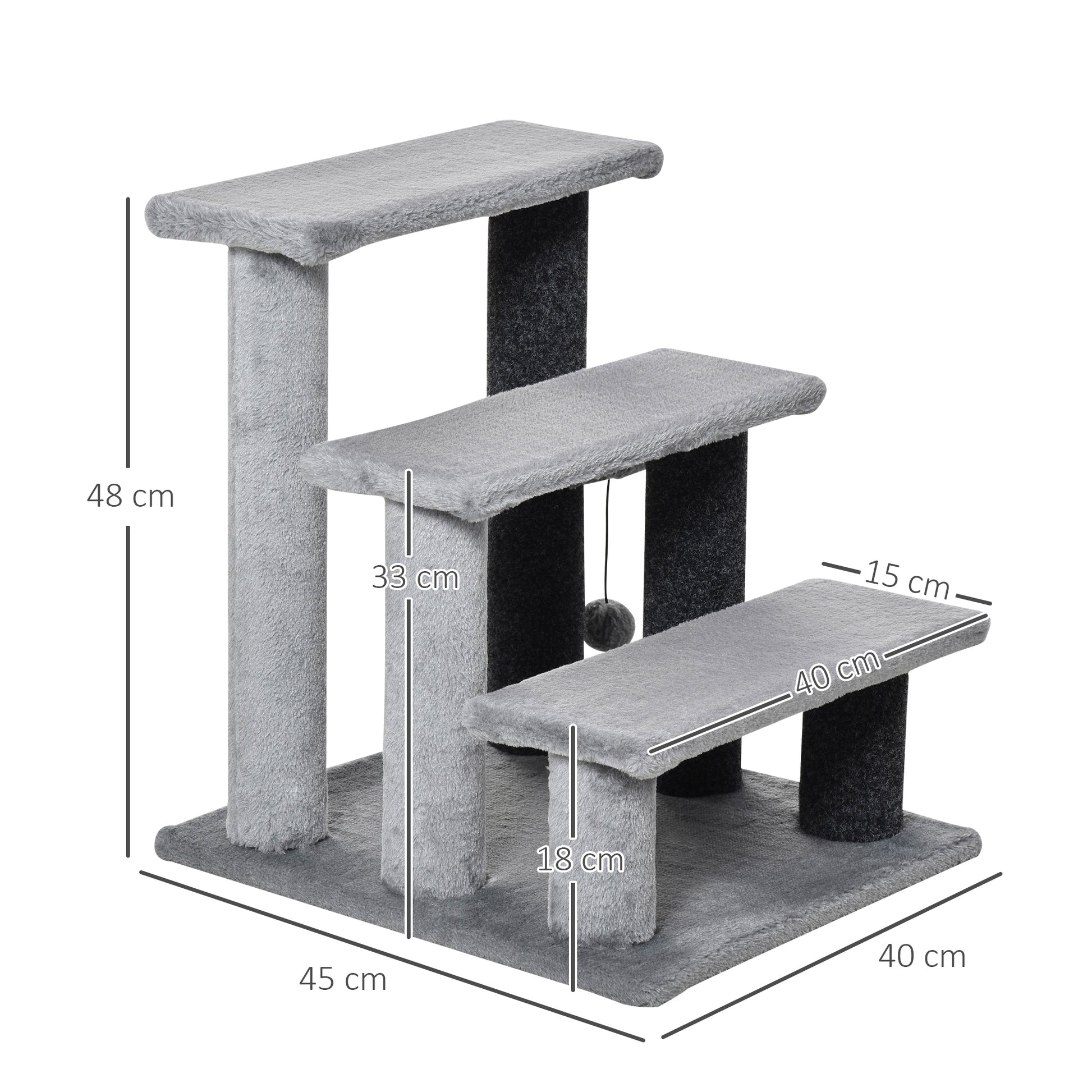 PawHut Grey 3-Step Cat Stairs with Scratch Posts, Play Platform, and Toy Ball - ALL4U RETAILER LTD