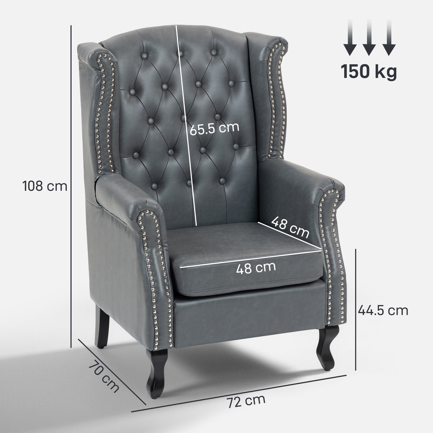 HOMCOM Wingback Accent Chair Tufted Chesterfield Style Armchair With Nailhead Trim Grey Living Room Bedroom