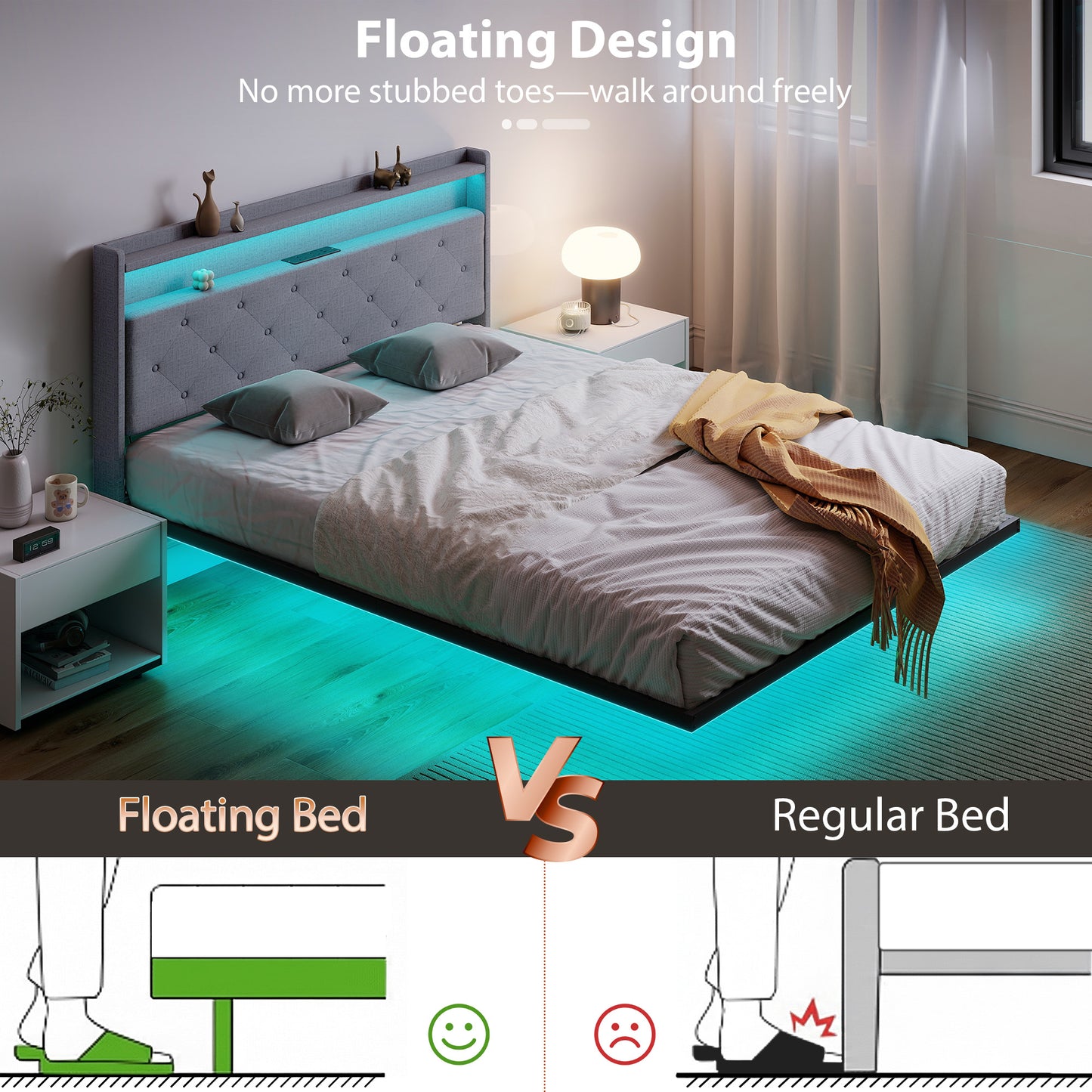 HOMCOM Floating Bed Frame With Upholstered Headboard King Size 5Ft Platform Bed RGB LED Lights And Charging Station Grey