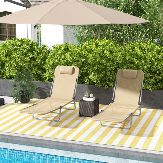 Outsunny Set of Two Adjustable Brown Steel Frame Sun Loungers with Pillow - ALL4U RETAILER LTD