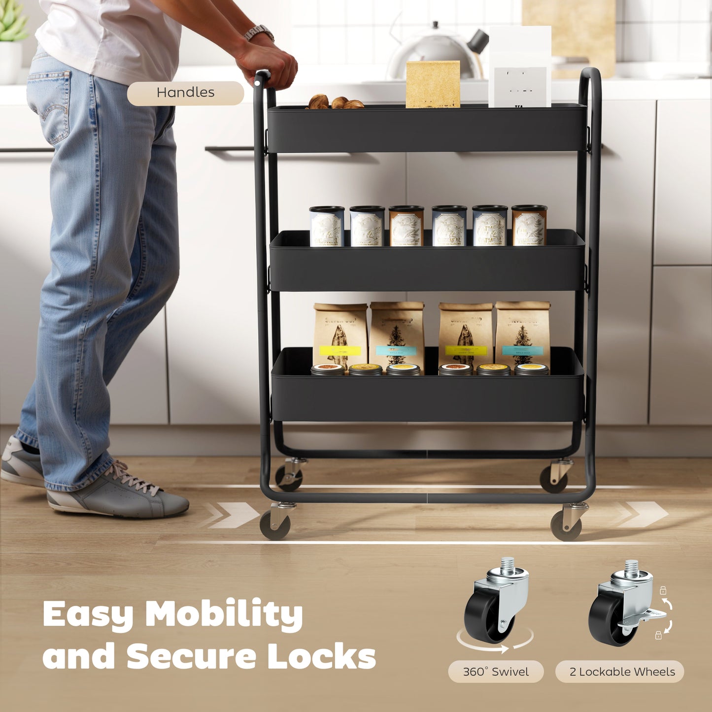 HOMCOM 3 Tier Storage Trolley on Wheels Rolling Utility Cart with Mesh Baskets for Kitchen Bathroom Bedroom Black