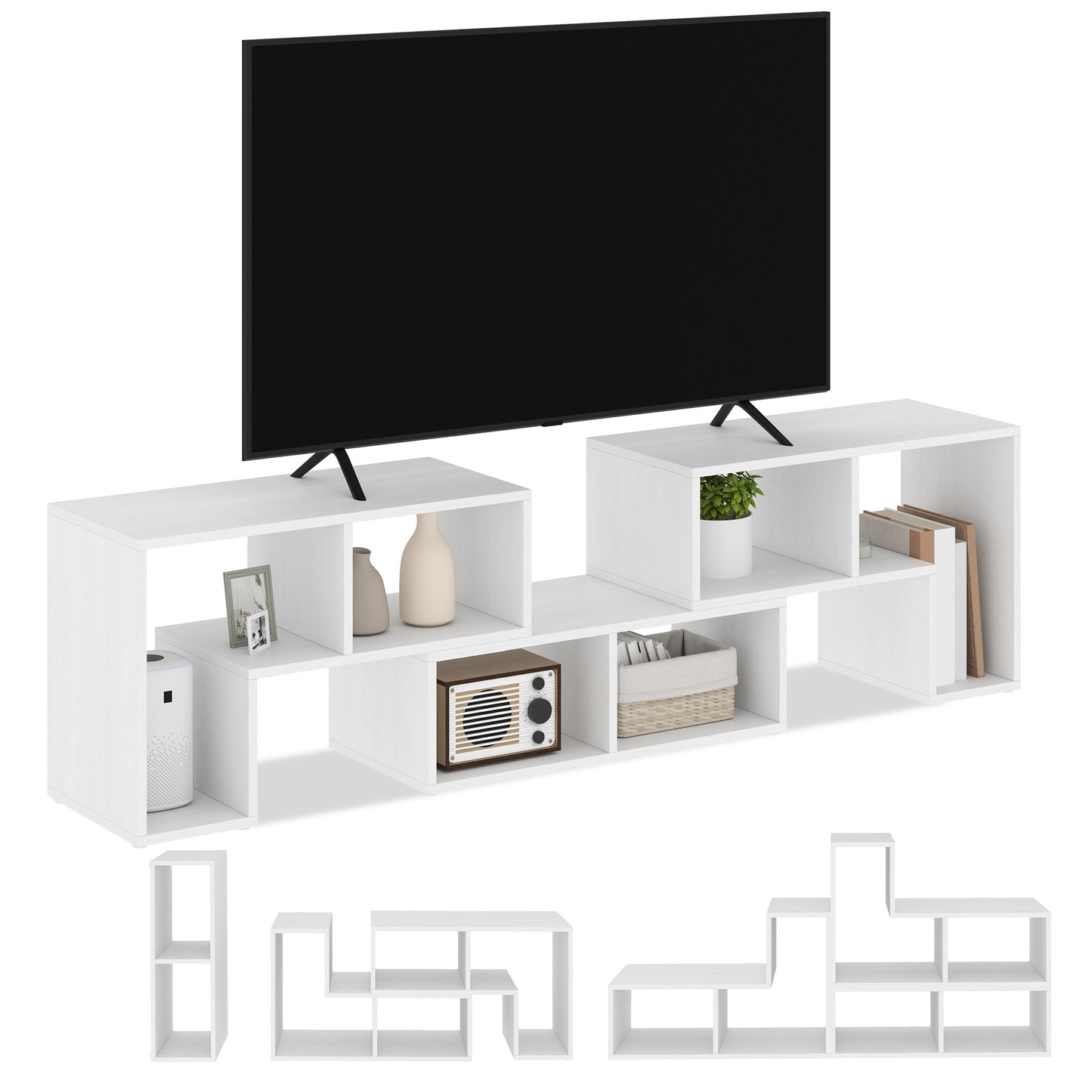 HOMCOM Three Block Modular TV Stand White Wood Effect With Six Shelves For Up To 75 Inch Screens