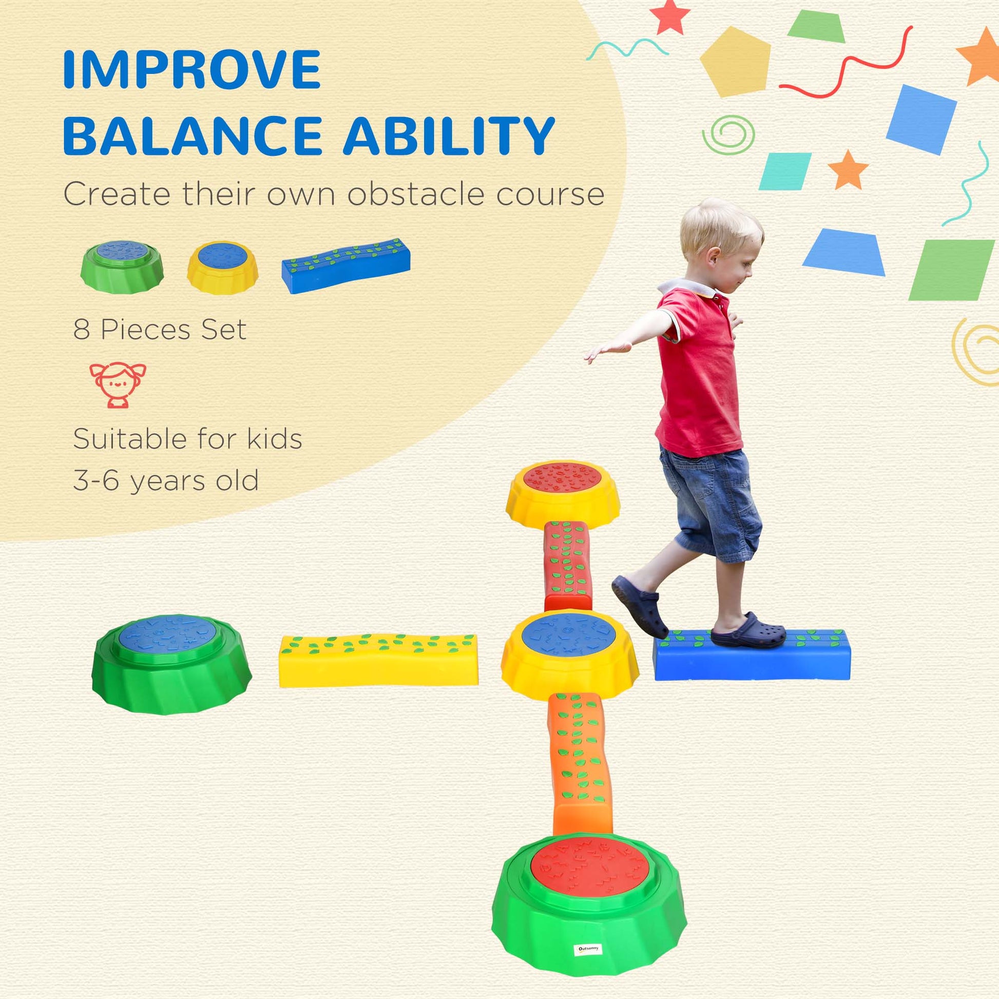 Outsunny Colorful Balance Stones: 8-Piece Non-Slip Stepping Set for Kids' Coordination Fun - ALL4U RETAILER LTD