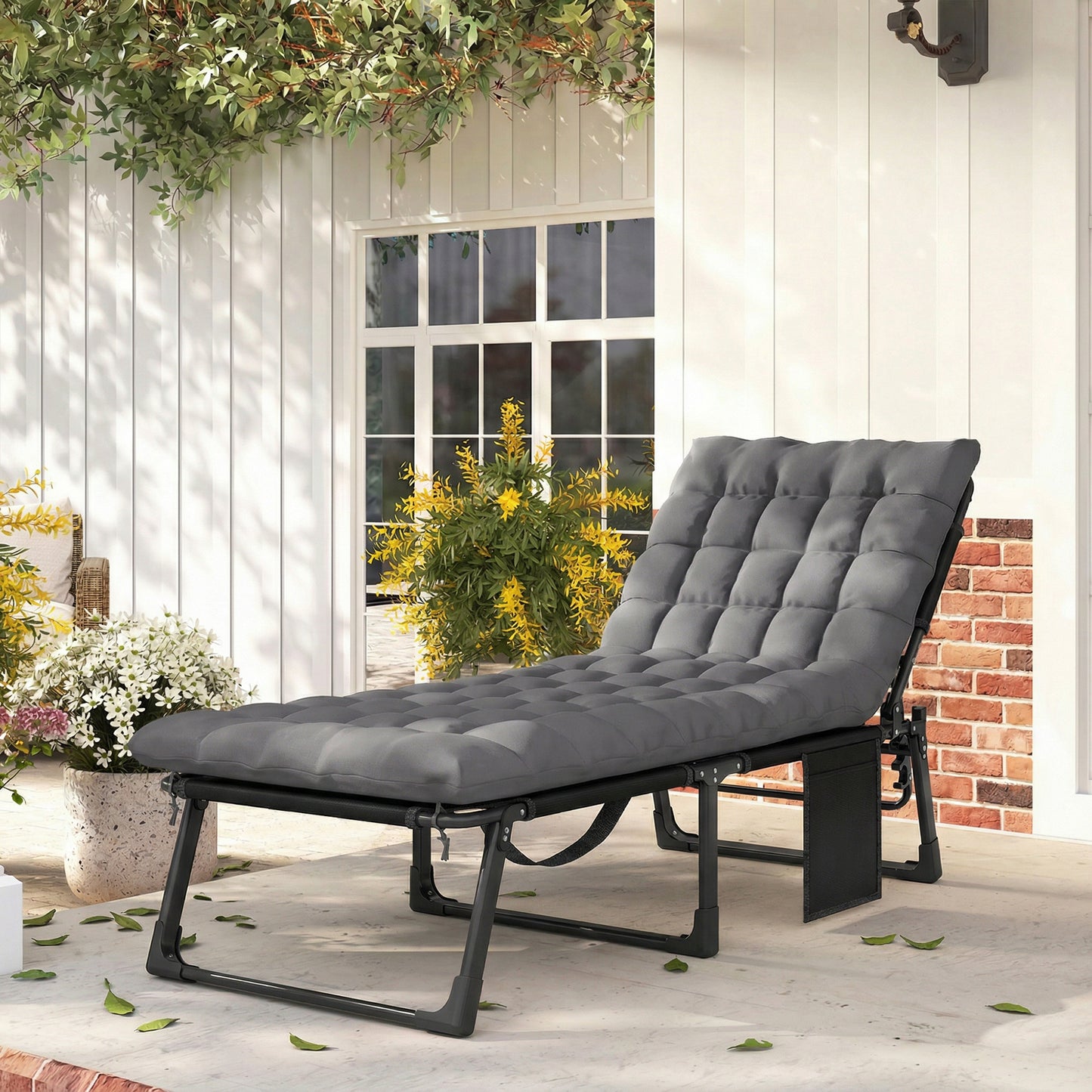 Outsunny Folding Sun Lounger With Cushions For Garden 5 Position Oversized Camping Bed Recliner In Dark Grey