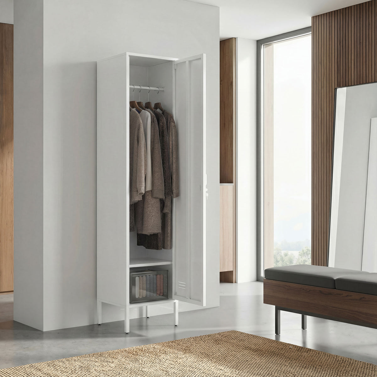 Open white metal locker cabinet showing hanging rod and lower shelf inside.