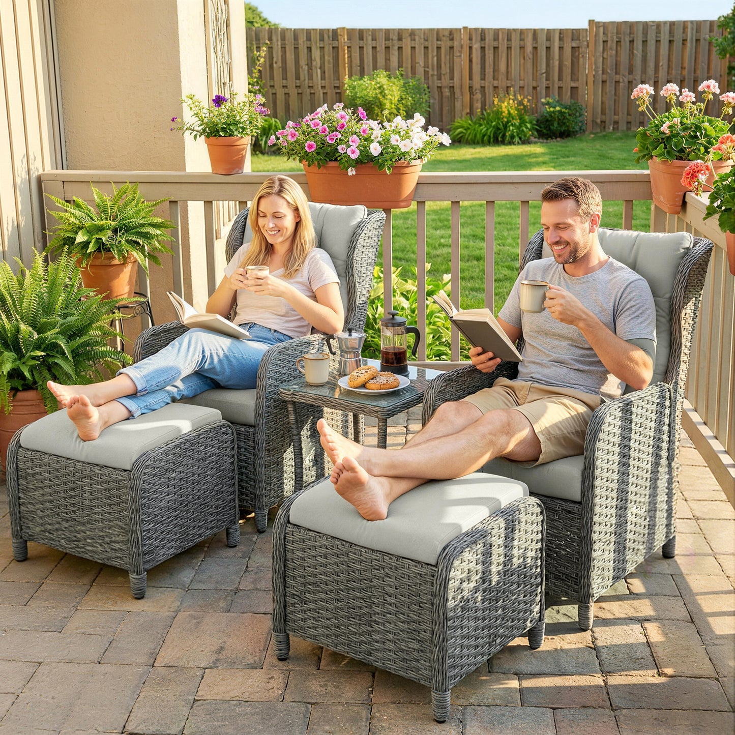 Outsunny 5 Piece Garden Furniture Set Rattan Reclining Chairs With Footstool And Cushions Set Of 2 For Balcony Cream