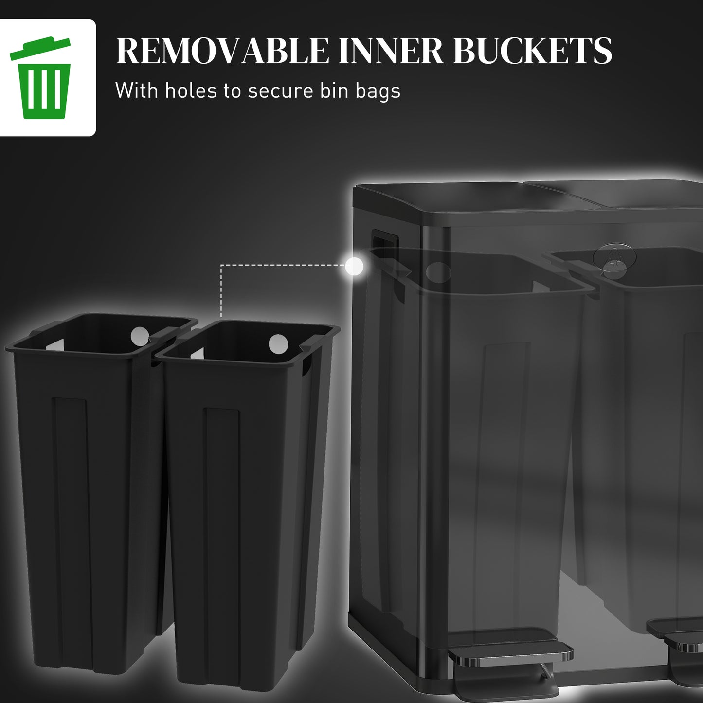 HOMCOM 40L Dual Compartment Stainless Steel Bin With Deodoriser Holders In Black
