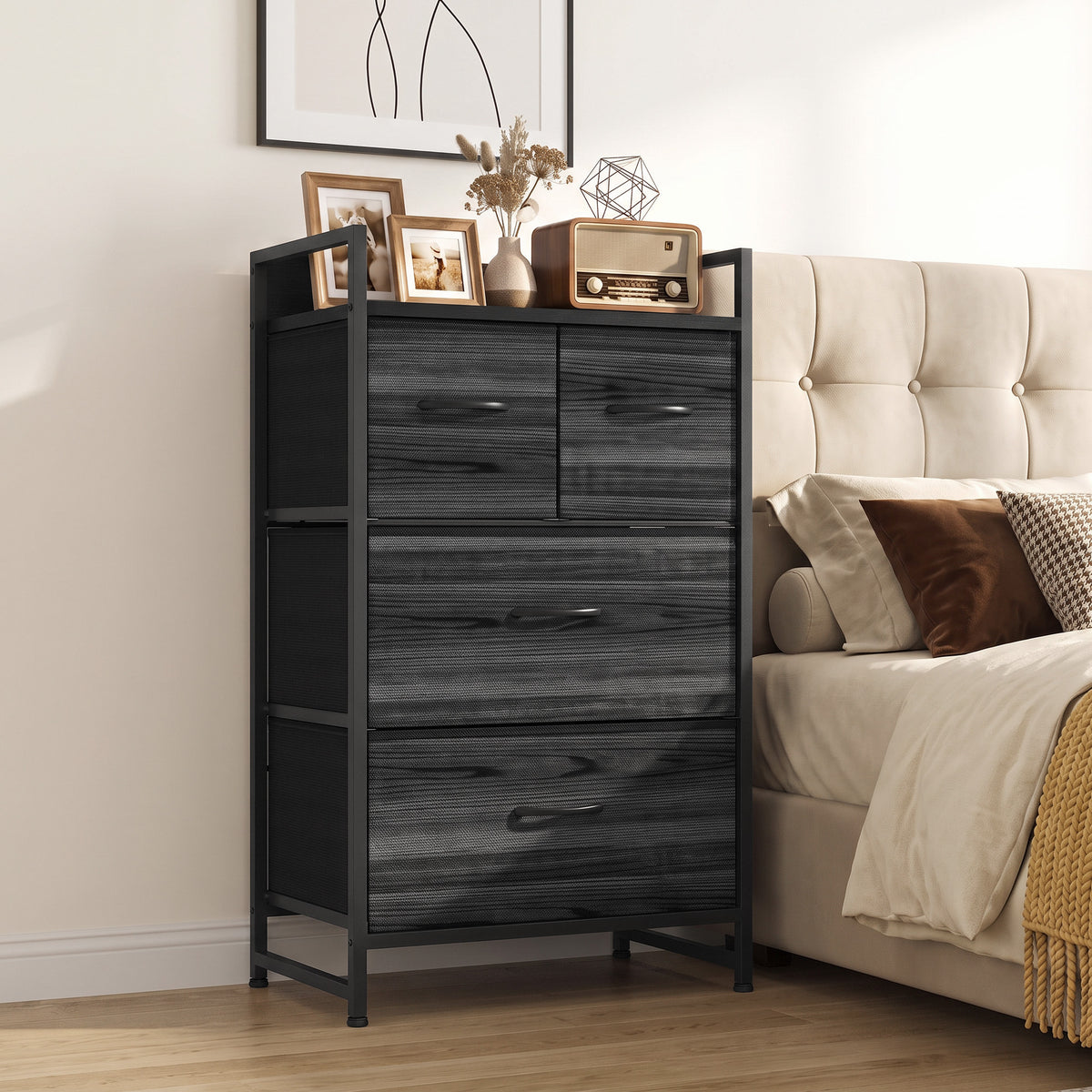 Black wood-effect cabinet with four fabric drawers and top shelf