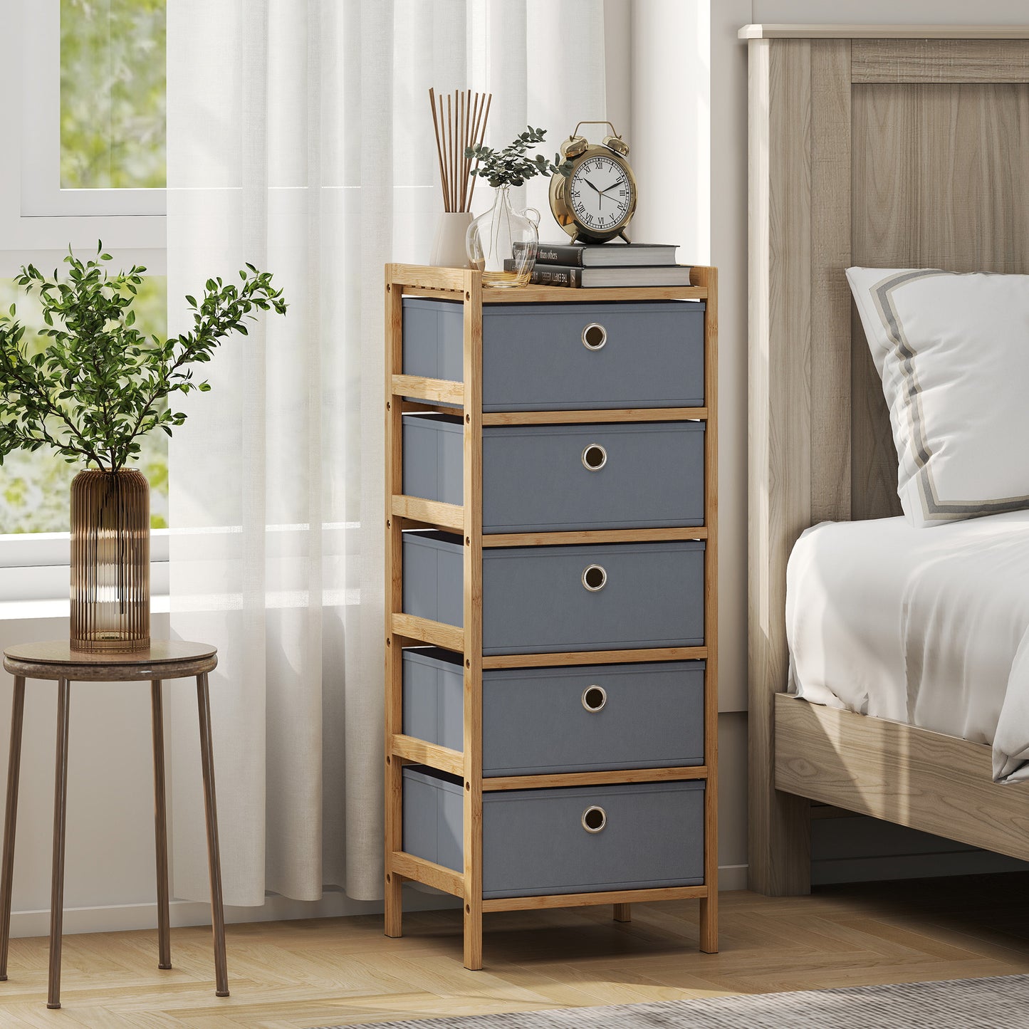 HOMCOM Narrow Chest Of Drawers Dresser With Five Fabric Drawers And Bamboo Frame In Light Grey
