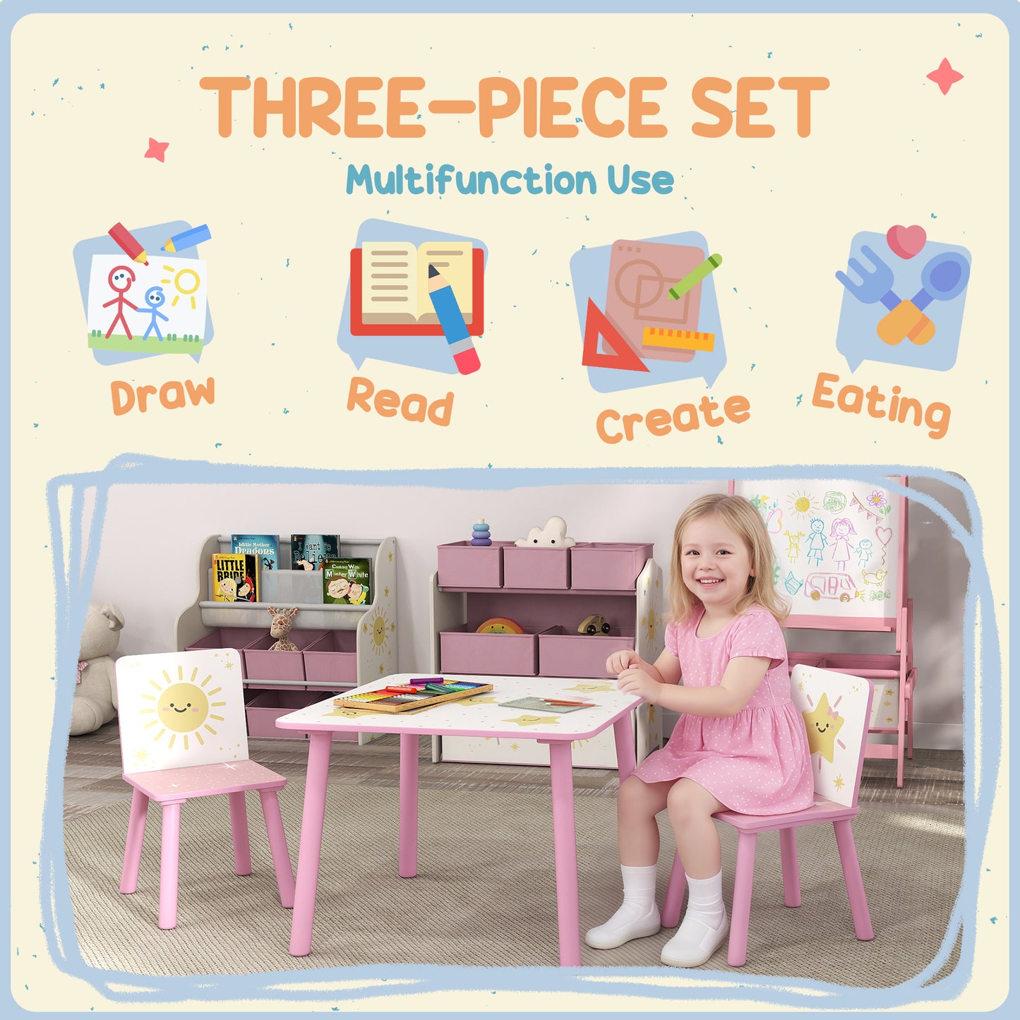 AIYAPLAY 3 Piece Toddler Table and Chair Set Pink With Star Pattern for Bedroom Nursery Playroom Table and 2 Chairs