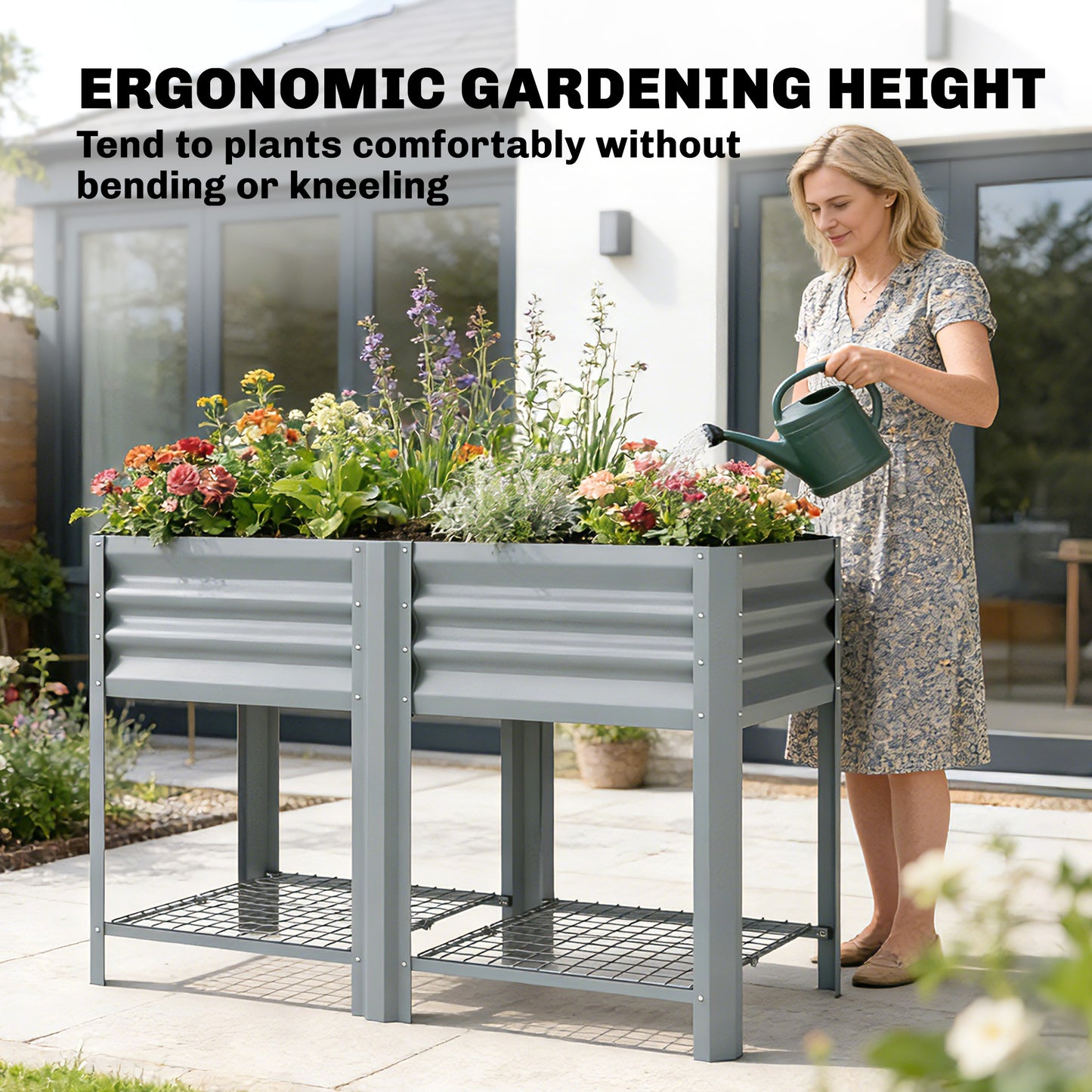 Outsunny Raised Garden Bed With Storage Shelf Steel Elevated Planter Box On Legs For Outdoor Vegetables And Flowers