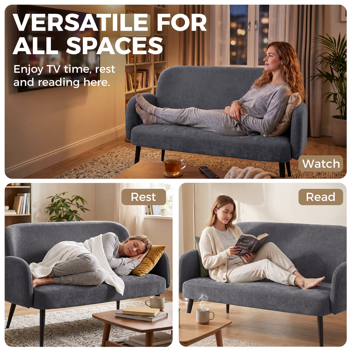 Dark grey velvet sofa with wide seat, rounded arms, and tapered metal legs