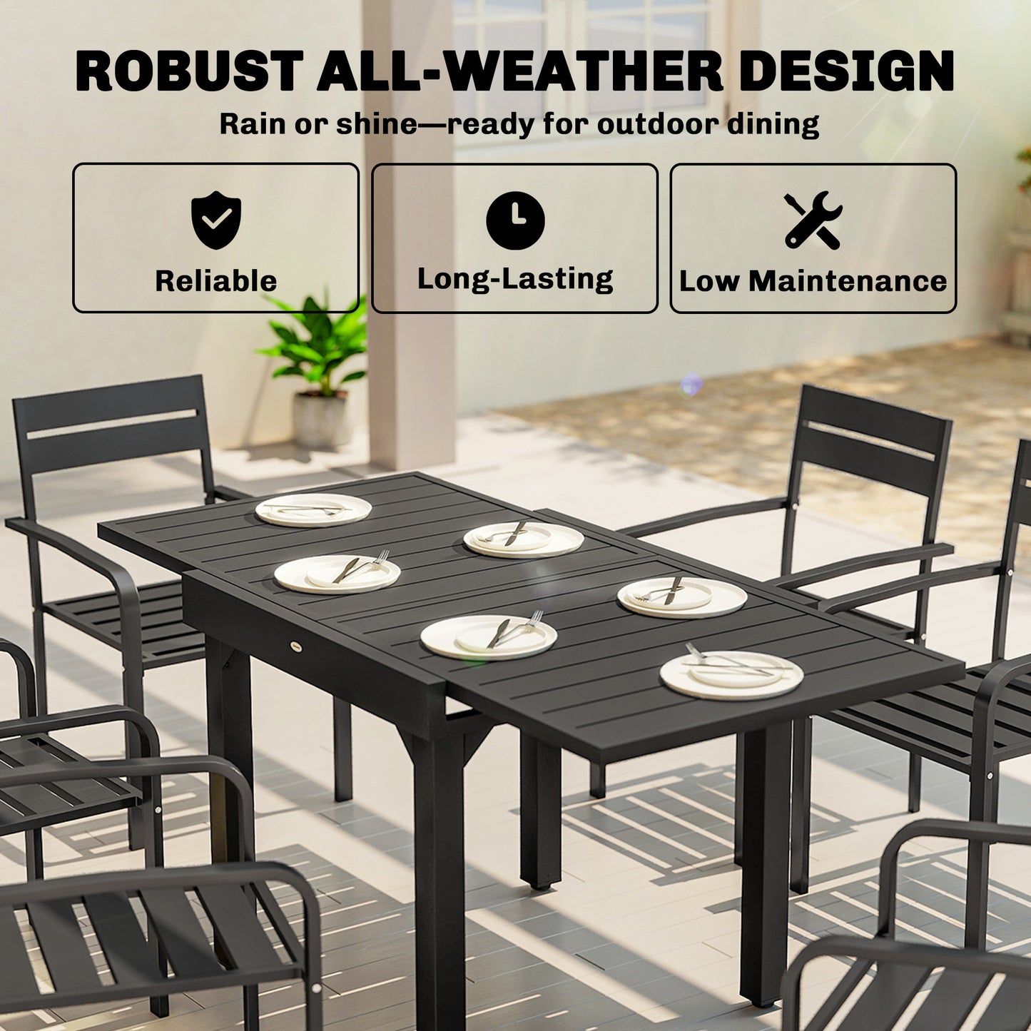 Outsunny Extendable Patio Dining Table For 4 To 6 People 80 To 160 Cm Aluminium Slatted Top Black Weather Resistant