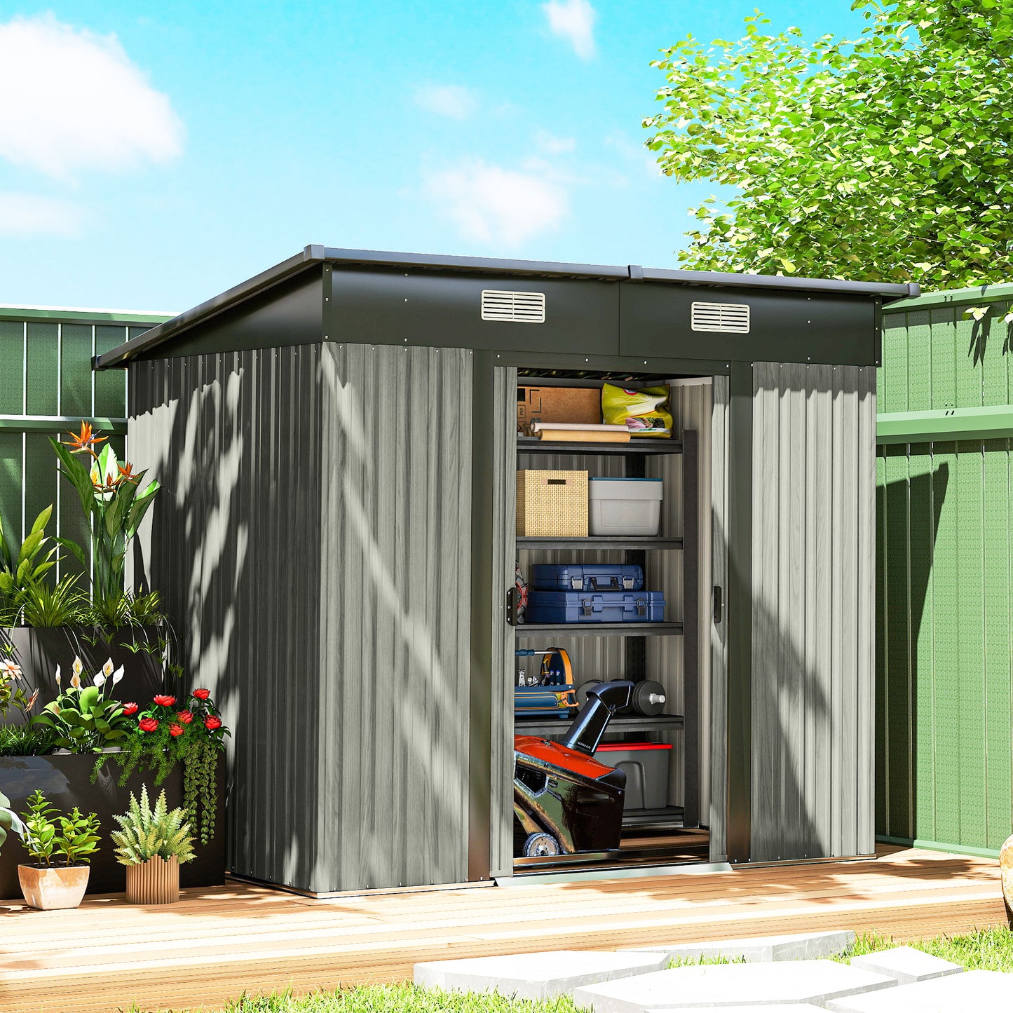 Outsunny 7 x 4ft Outdoor Storage Shed With Foundation Kit Lean To Metal Garden Shed Light Grey for Log Tools Bike