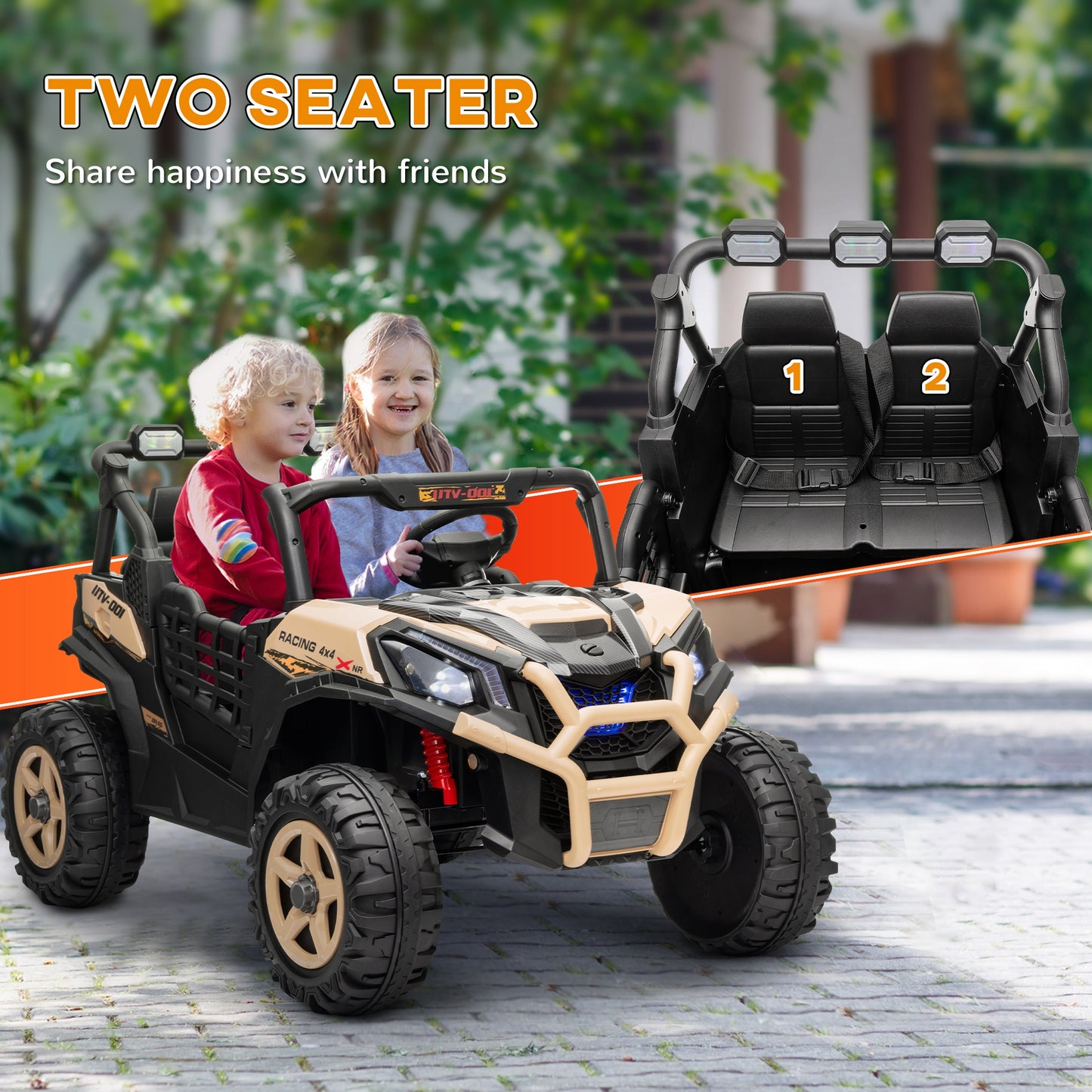 AIYAPLAY 24V Dual Seat Kids Electric Ride-On Car with Remote Control, Suspension, Slow Start, and 3 Speed Settings for Ages 3-8, Khaki