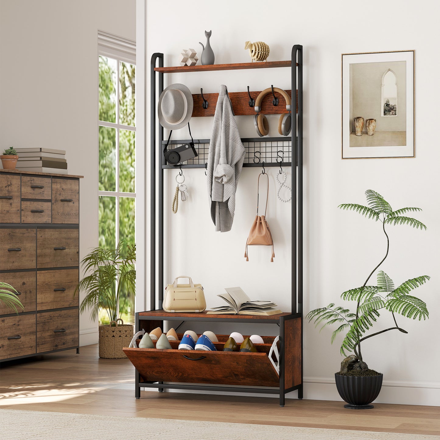 HOMCOM 5-In-1 Industrial Style Hallway Tree With Bench Seat And Shoe Storage In Brown And Black
