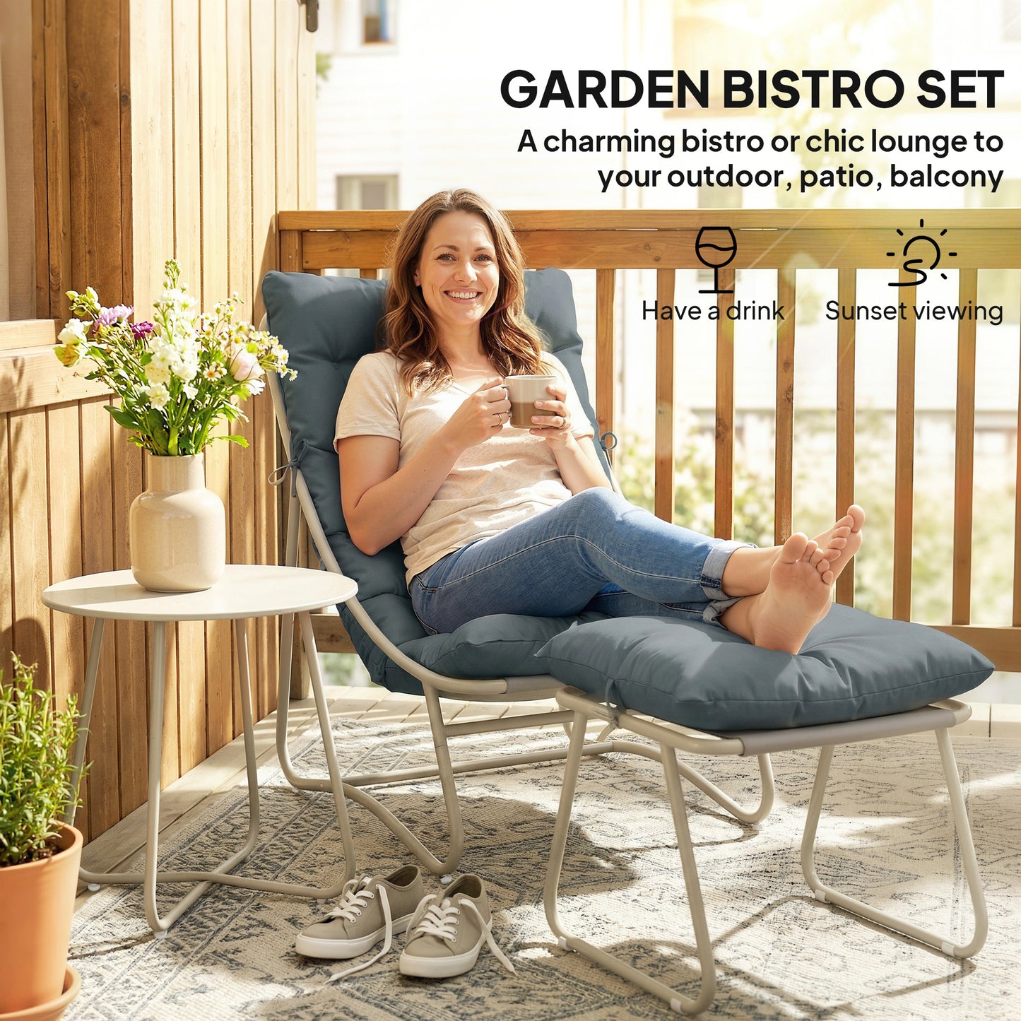 Outsunny 3 Piece Garden Bistro Set With Footstool And Removable Cushions For Outdoor Table And Chairs
