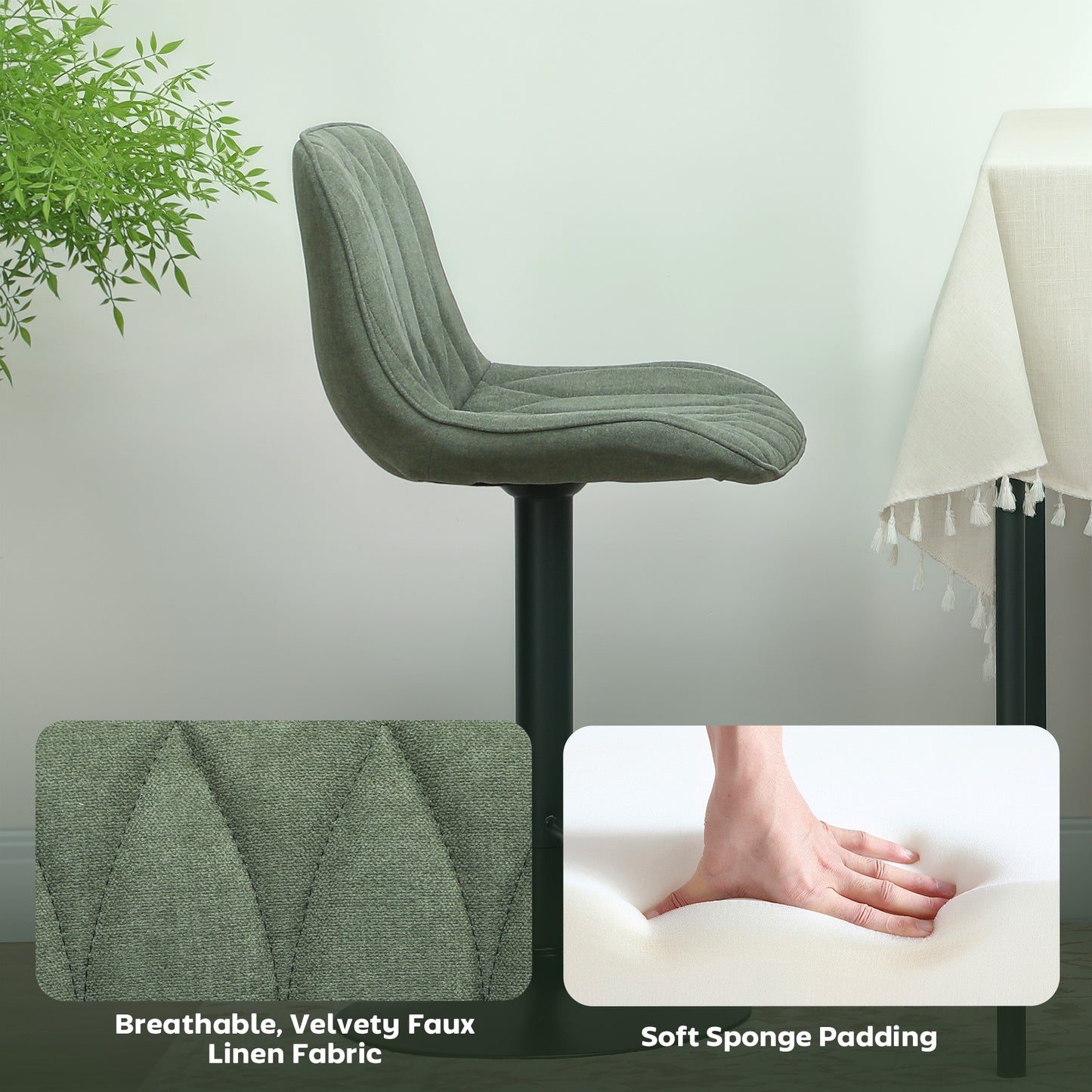 HOMCOM Breakfast Bar Stools Set of 2 Linen Upholstery Adjustable Height 60 to 80 cm Green