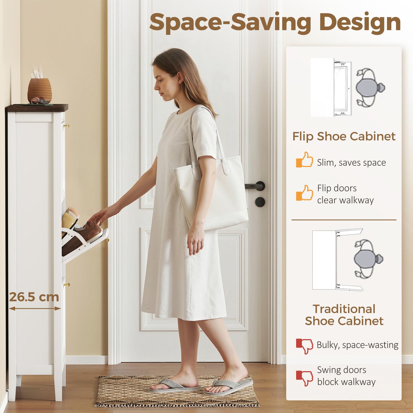 HOMCOM Shoe Storage Cabinet With 3 Flip Drawers And Adjustable Shelves Narrow Farmhouse White