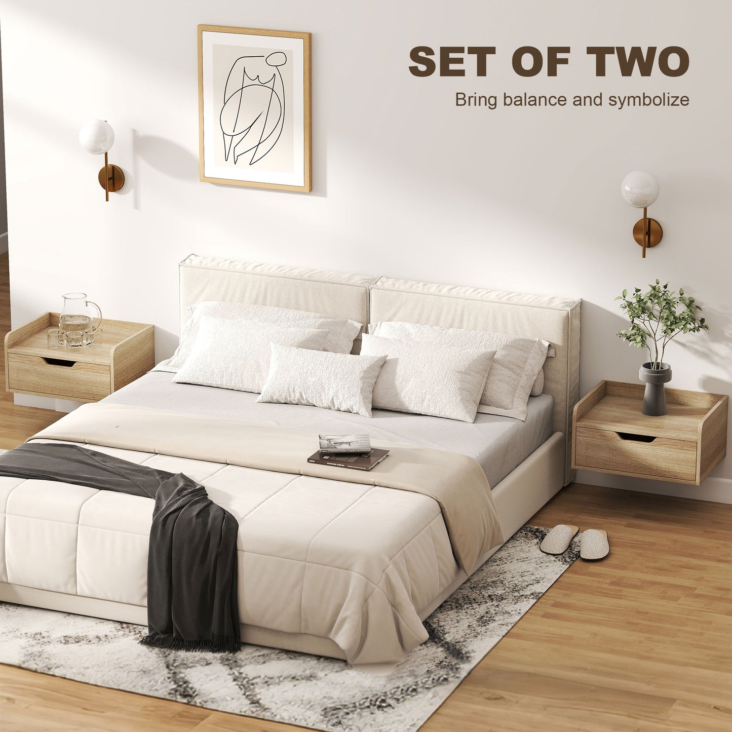 HOMCOM Floating Nightstands Set Of 2 Wall Mounted Bedside Tables With Drawer And Shelf Natural Wood