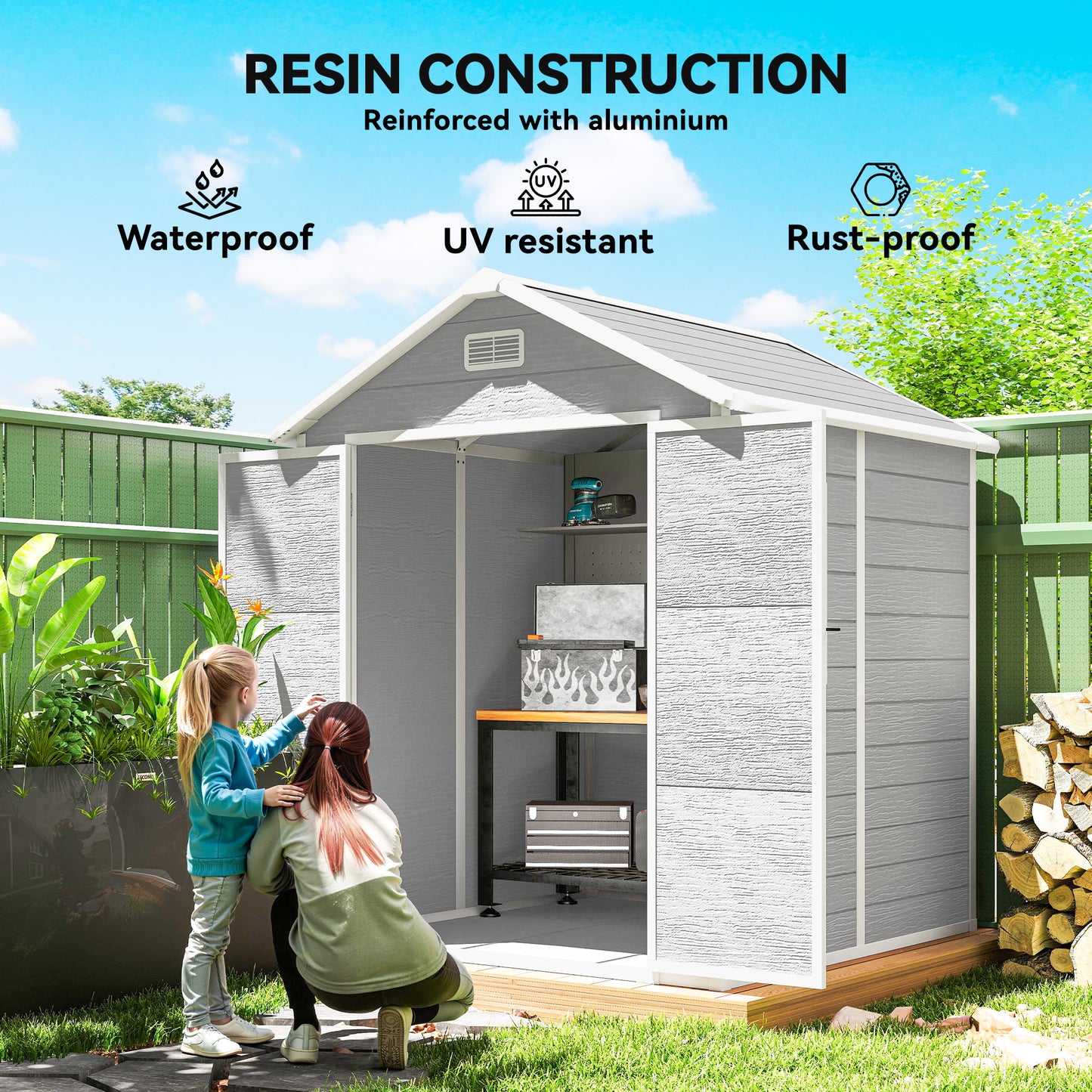 Outsunny 6 x 5ft Plastic Garden Shed With Floor Window Lockable Doors Vents Wood Effect Resin Tool Shed Light Grey