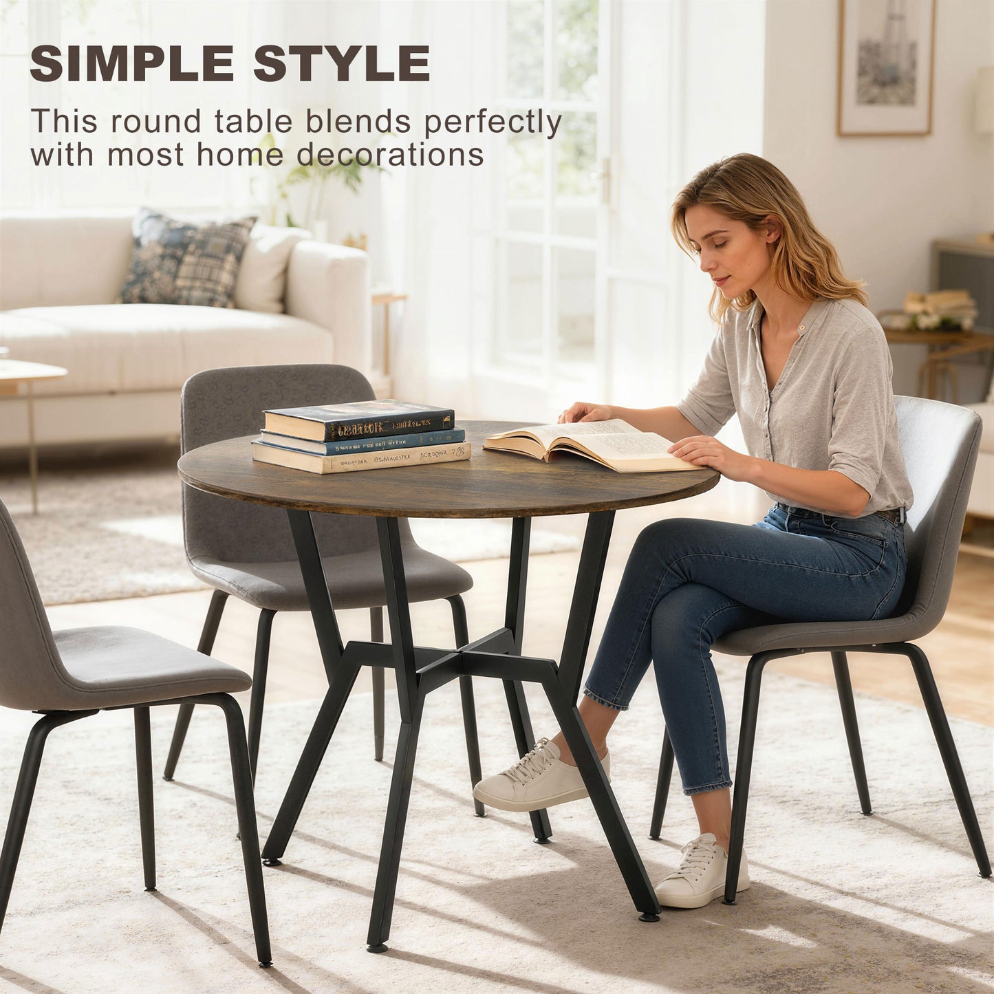 HOMCOM Round Dining Table With Black Legs Rustic Brown 90 By 76 Cm Anti Slip Foot Pads For Living Room And Dining Room