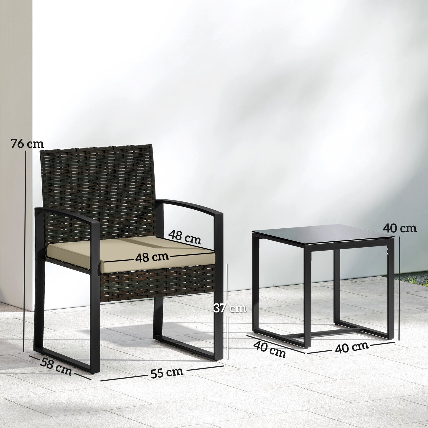 Outsunny Rattan Bistro Set 3 Piece Garden Furniture With Glass Top Table And Cushions Khaki