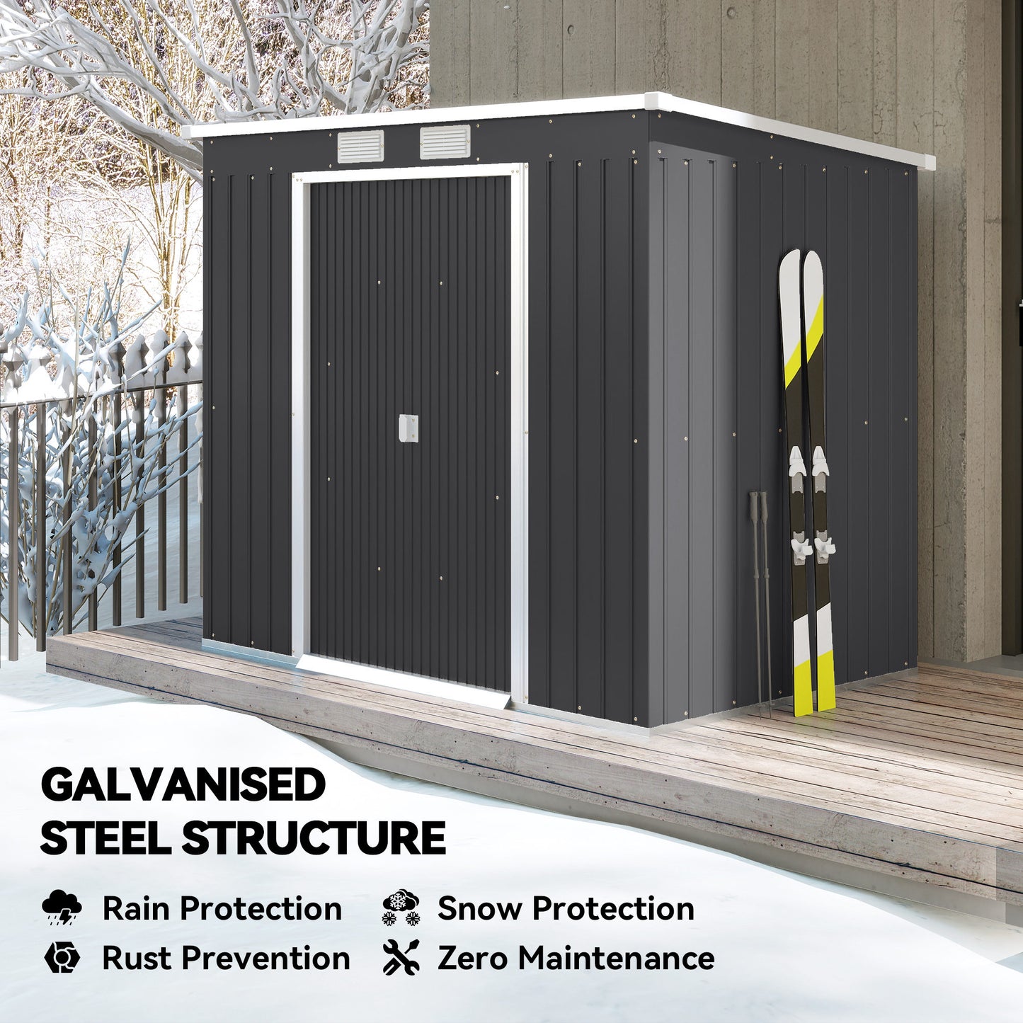 Outsunny 7 By 4Ft Galvanised Steel Garden Shed With Foundation Kit Double Door Two Vents Dark Grey