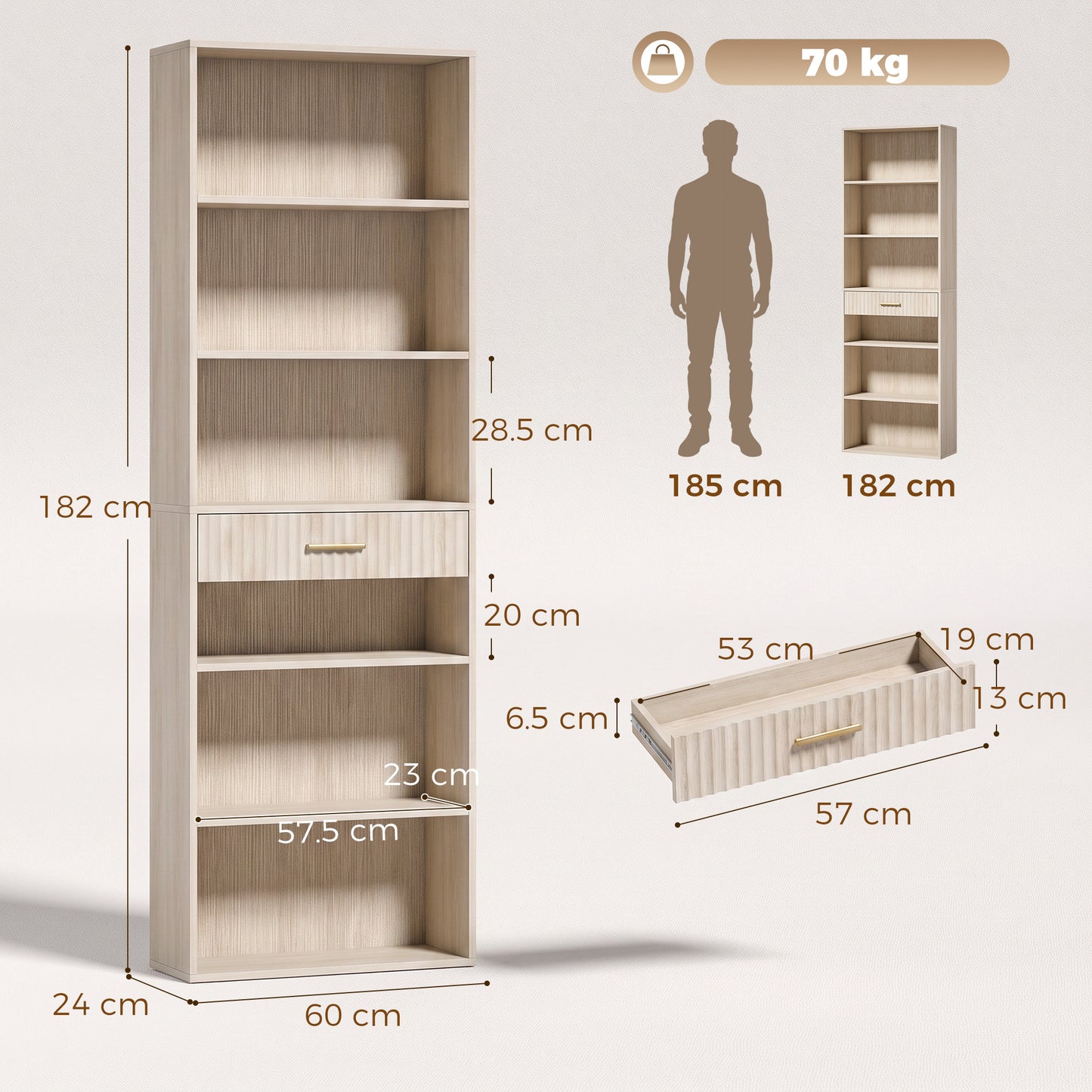 Homcom Tall Bookcase 7 Tier Narrow Bookshelf Drawer Open Shelves Oak Effect