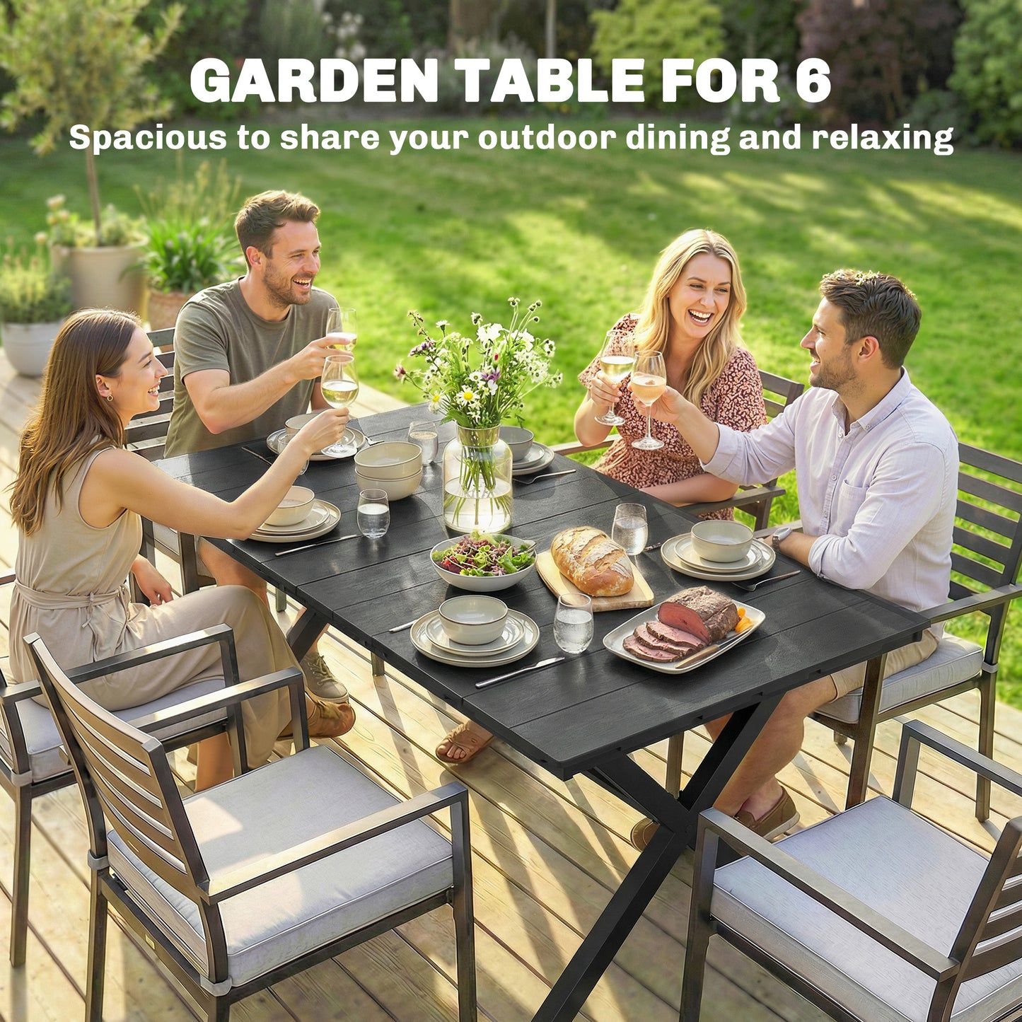 Outsunny Garden Dining Table for 6 with Wood Effect HDPE Top and X Shaped Metal Legs Black