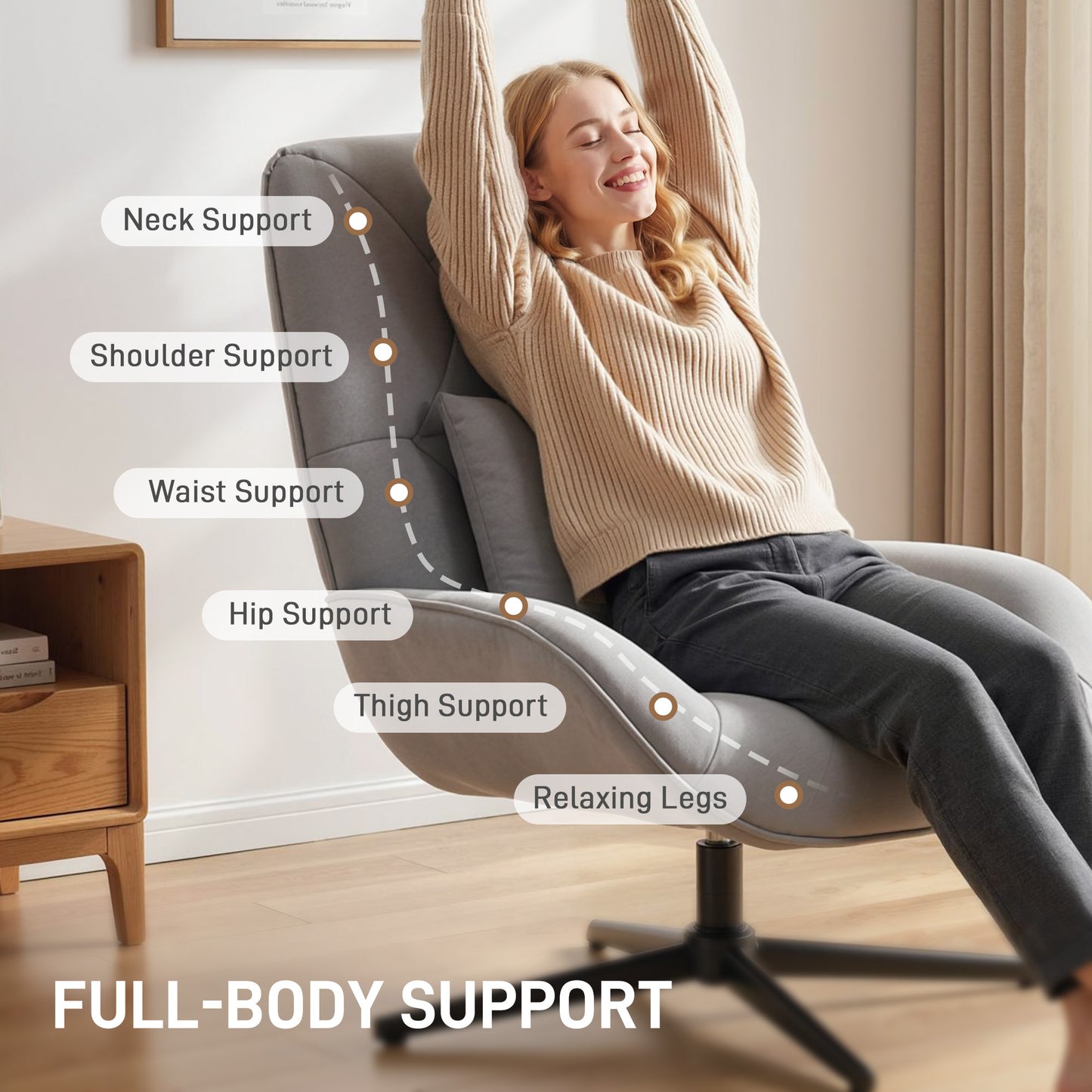 HOMCOM Chenille Accent Chair Swivel Armchair With Lumbar Pillow High Back Deep Seat Metal Legs Light Grey
