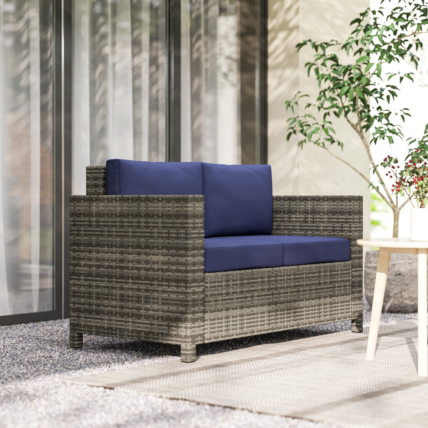 Outsunny Rattan Sofa 2 Seater Garden Furniture Wicker Loveseat With Soft Padded Cushions And Armrests Navy Blue