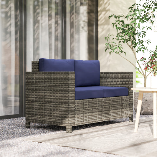 Outsunny Rattan Sofa 2 Seater Garden Furniture Wicker Loveseat With Soft Padded Cushions And Armrests Navy Blue