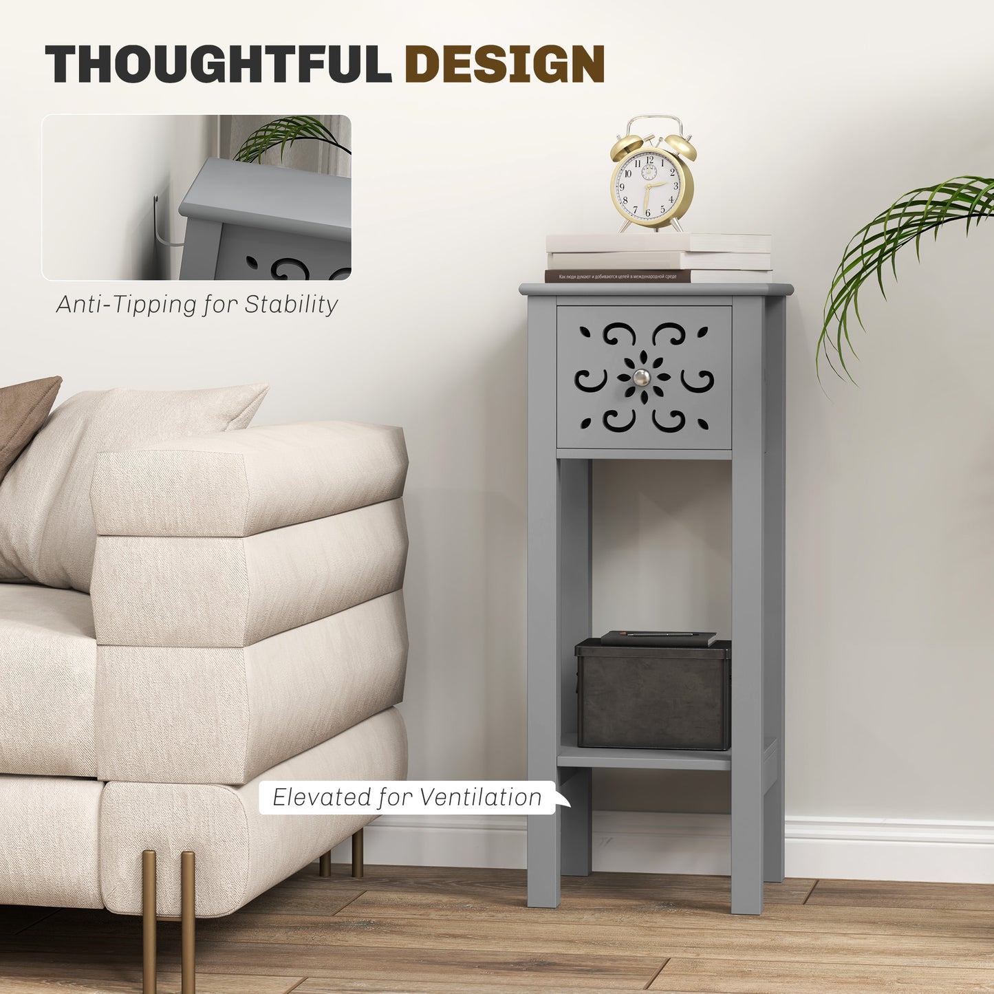 Homcom Set Of Two Elegant Floral Cutout Grey Side Tables With Drawers And Shelves For Living Room