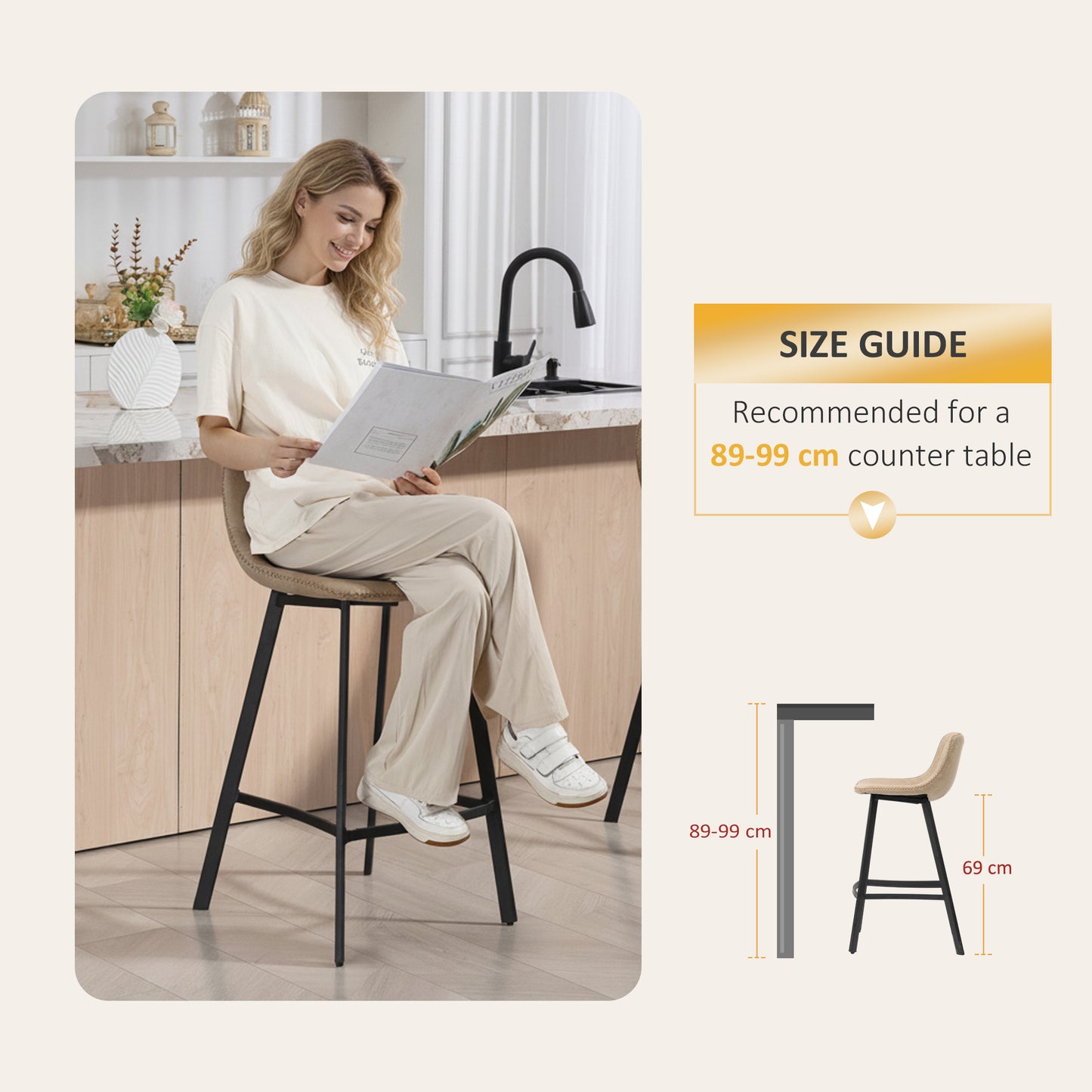 HOMCOM Bar Stool Set Of 2 With Backrest And Footrest PU Leather Chairs For Kitchen Counter Breakfast Bar Light Brown