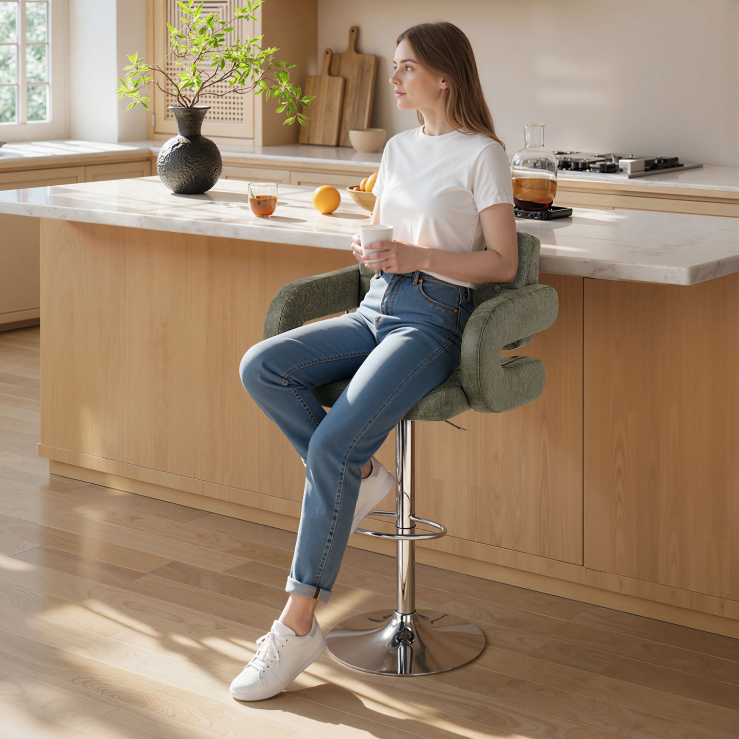 HOMCOM PU Leather Upholstered Swivel Bar Stool With Backrest Armrests Footrest Height Adjustable Green
