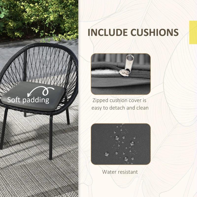 Outsunny 3 Piece Garden Furniture Set with Cushions - Round PE Rattan Bistro Set with 2 Armchairs & Metal Plate Coffee Table - Conversation Furniture Sets in Black - ALL4U RETAILER LTD