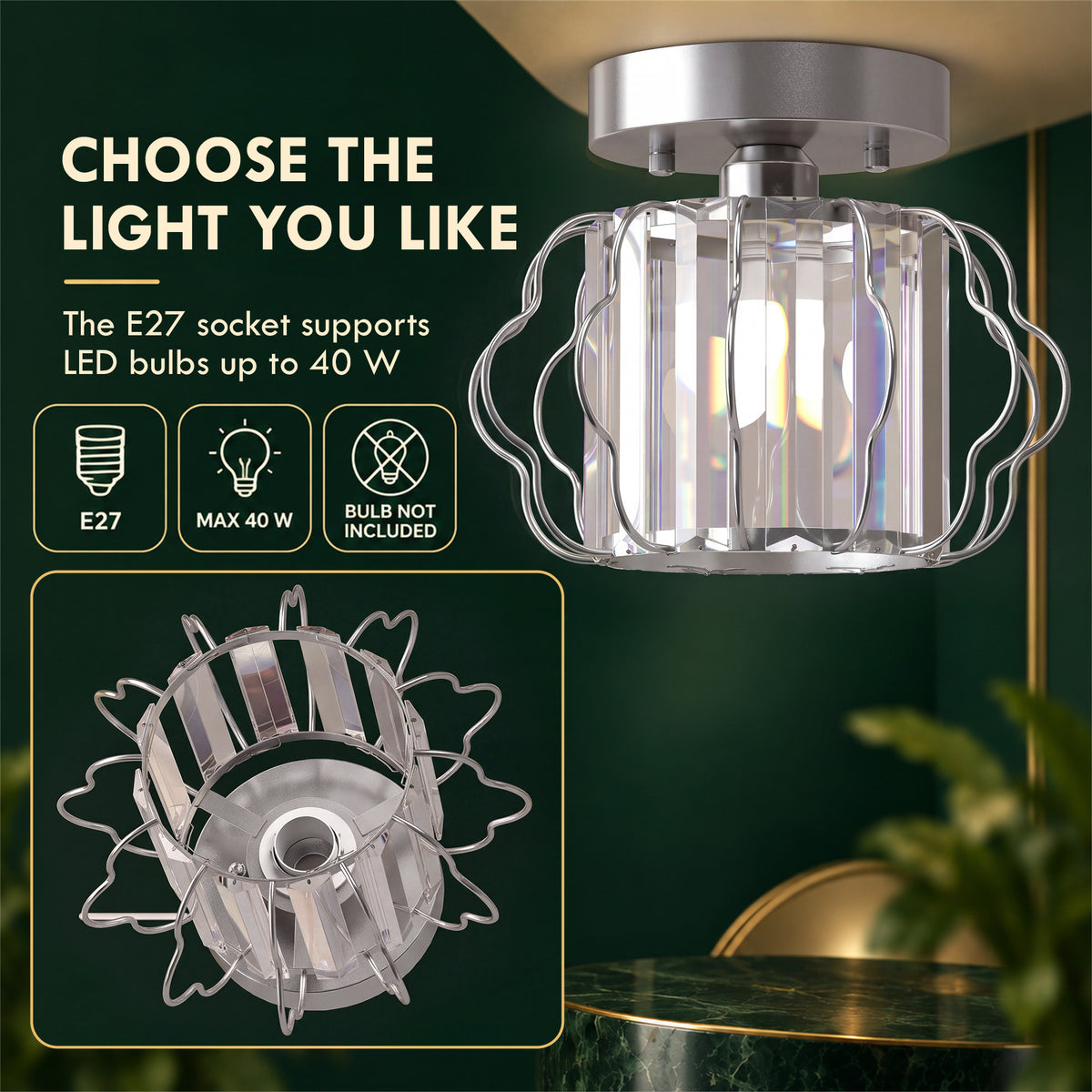 Silver semi-flush ceiling light with clear crystal bars and metal cage