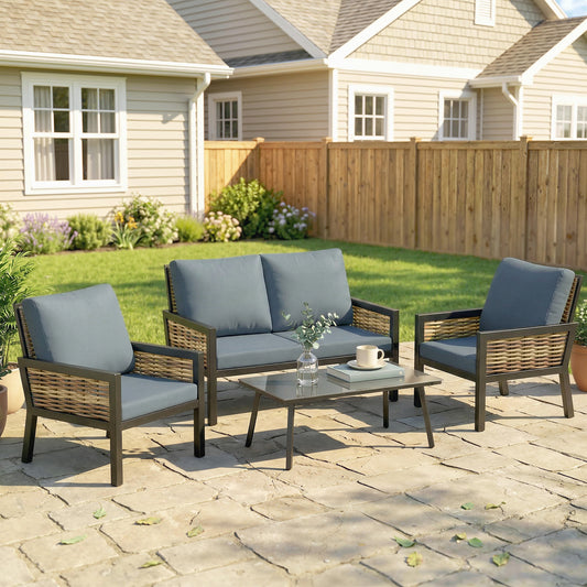 Outsunny 4 Seater Rattan Garden Furniture Set With Two Armchairs Loveseat And Coffee Table Grey Cushions