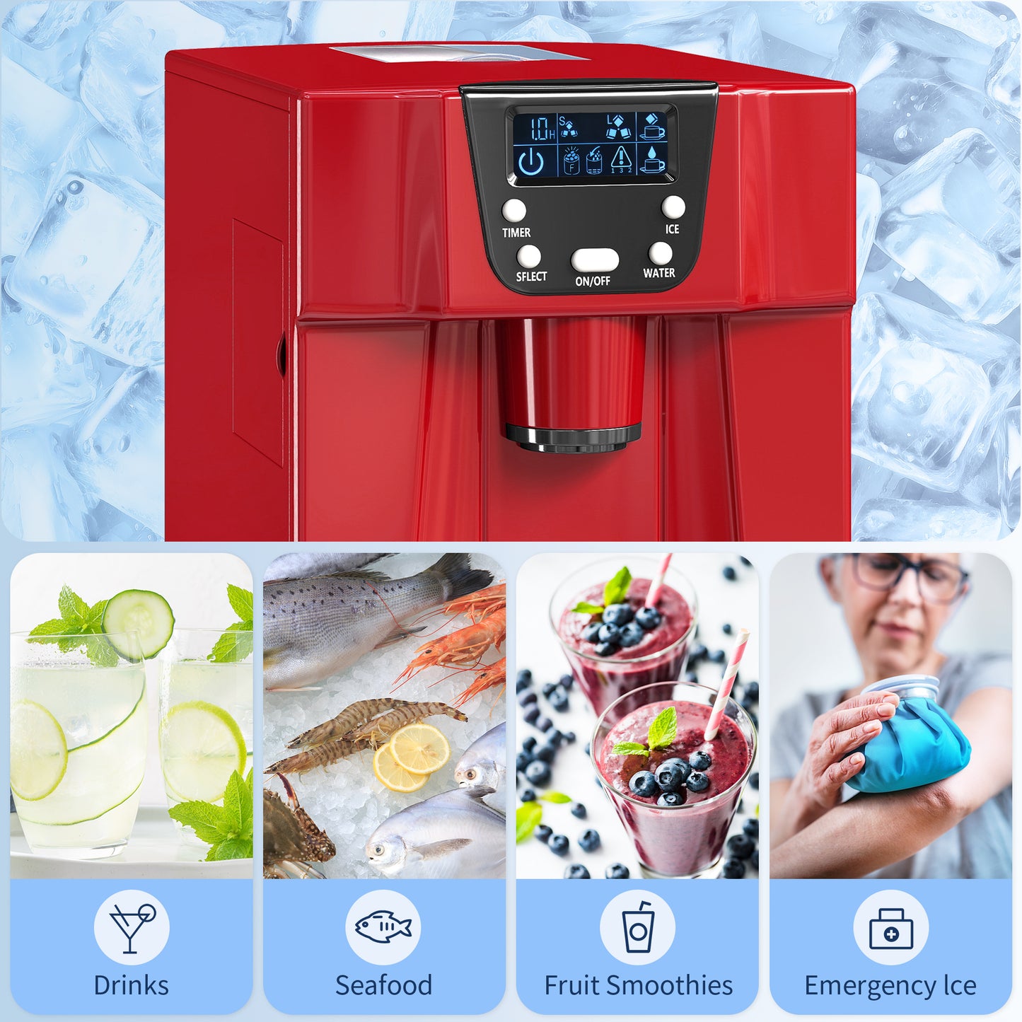HOMCOM 3L Ice Maker and Water Dispenser Red, Produces 12kg Ice in 24 Hours, Cube Sizes, 9 Cubes Ready in 6-10 Minutes