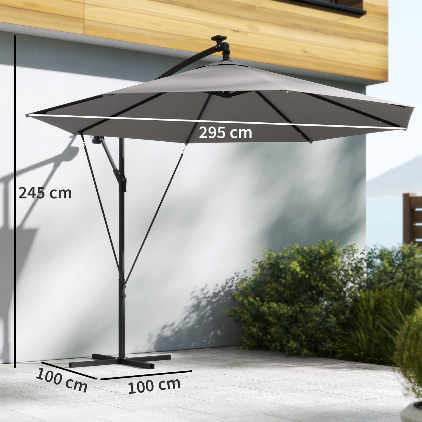 Outsunny 3m Cantilever Parasol With Solar LED Lights Garden Umbrella Cross Base Light Grey