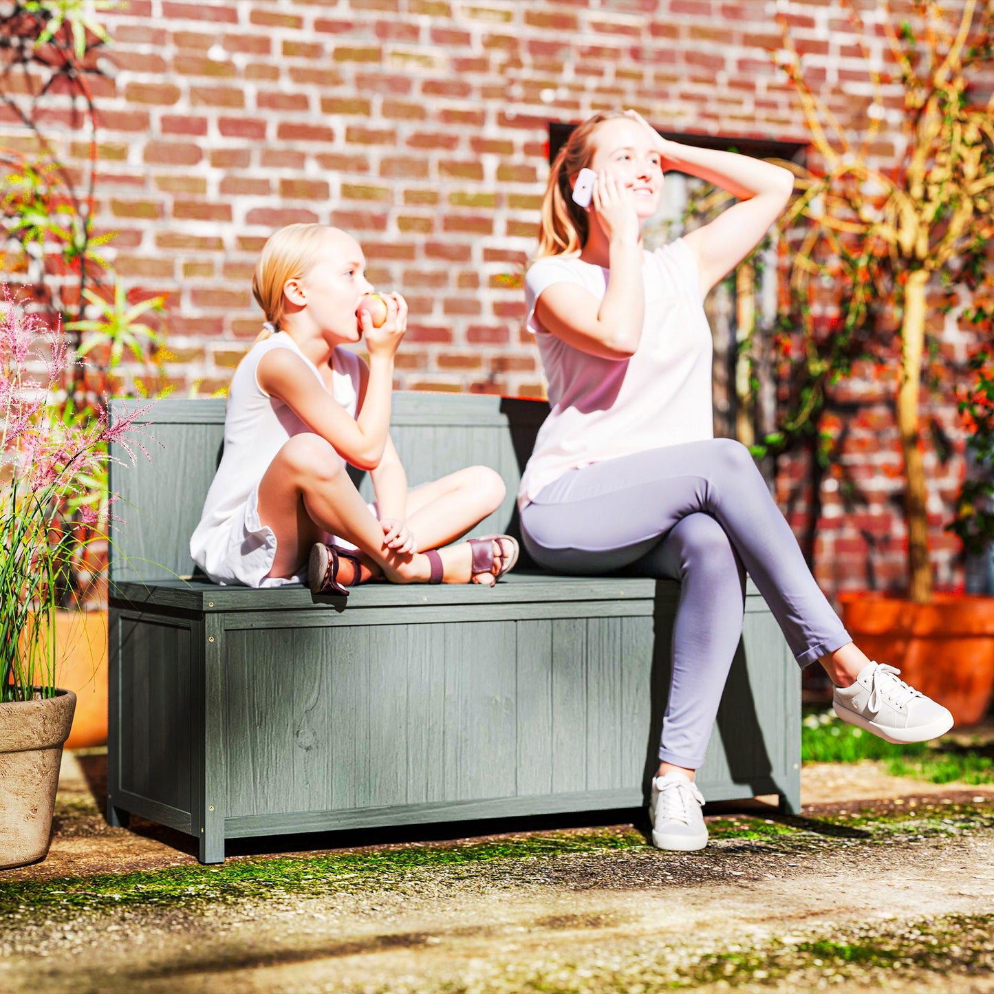 Outsunny Wood Storage Bench For Patio And Garden Furniture Grey Weatherproof Fir Wood With Underseat Storage