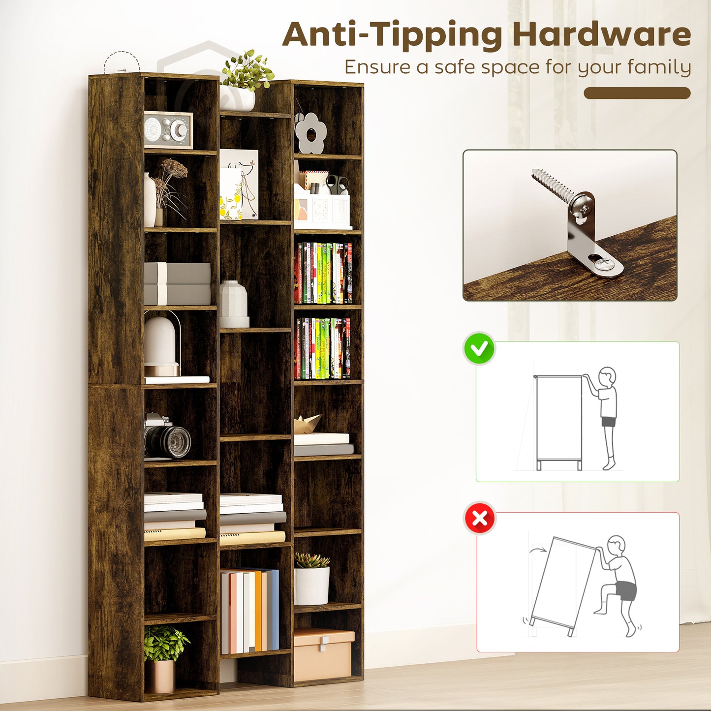 HOMCOM 21 Compartment Tall Bookshelf Brown With Adjustable Shelves And Modern Design