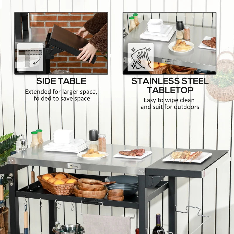 Outsunny Multi-Feature BBQ Grill Table with Stainless Steel Top - Outdoor Cooking Station, Black - ALL4U RETAILER LTD