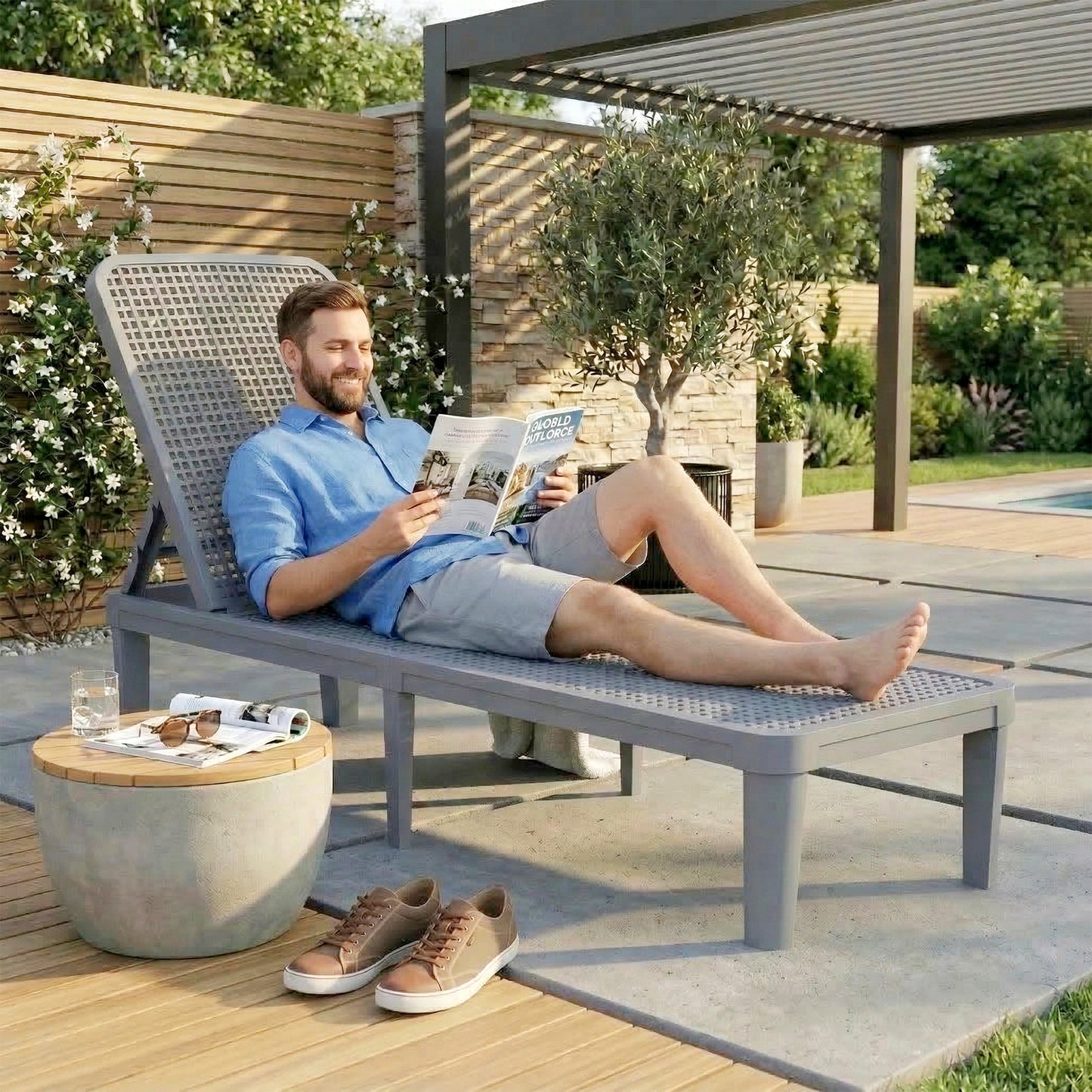 Outsunny Plastic Sun Lounger 4-Position Adjustable Reclining Garden Lounger Sunbed For Patio Beach Terrace Grey