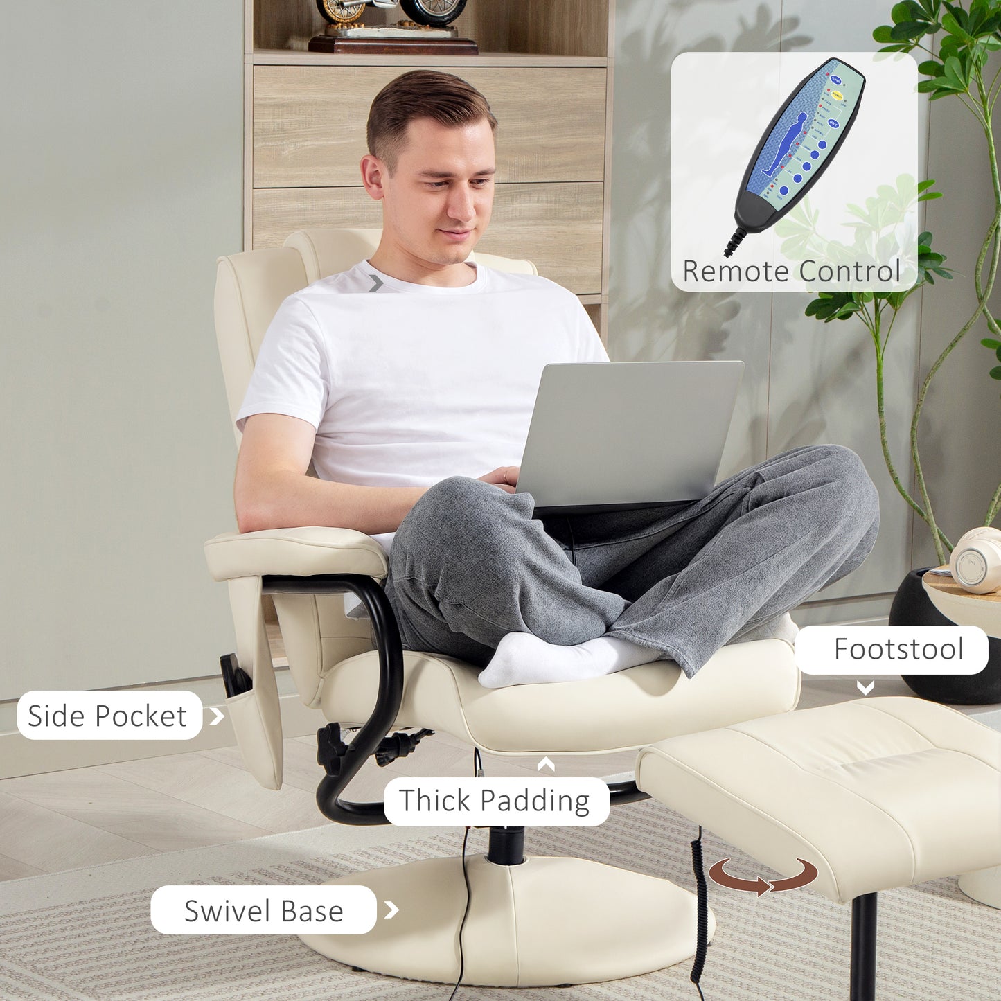 HOMCOM Swivel Recliner Chair and Footstool With Faux Leather Massage Remote Control Round Wrapped Base Cream White