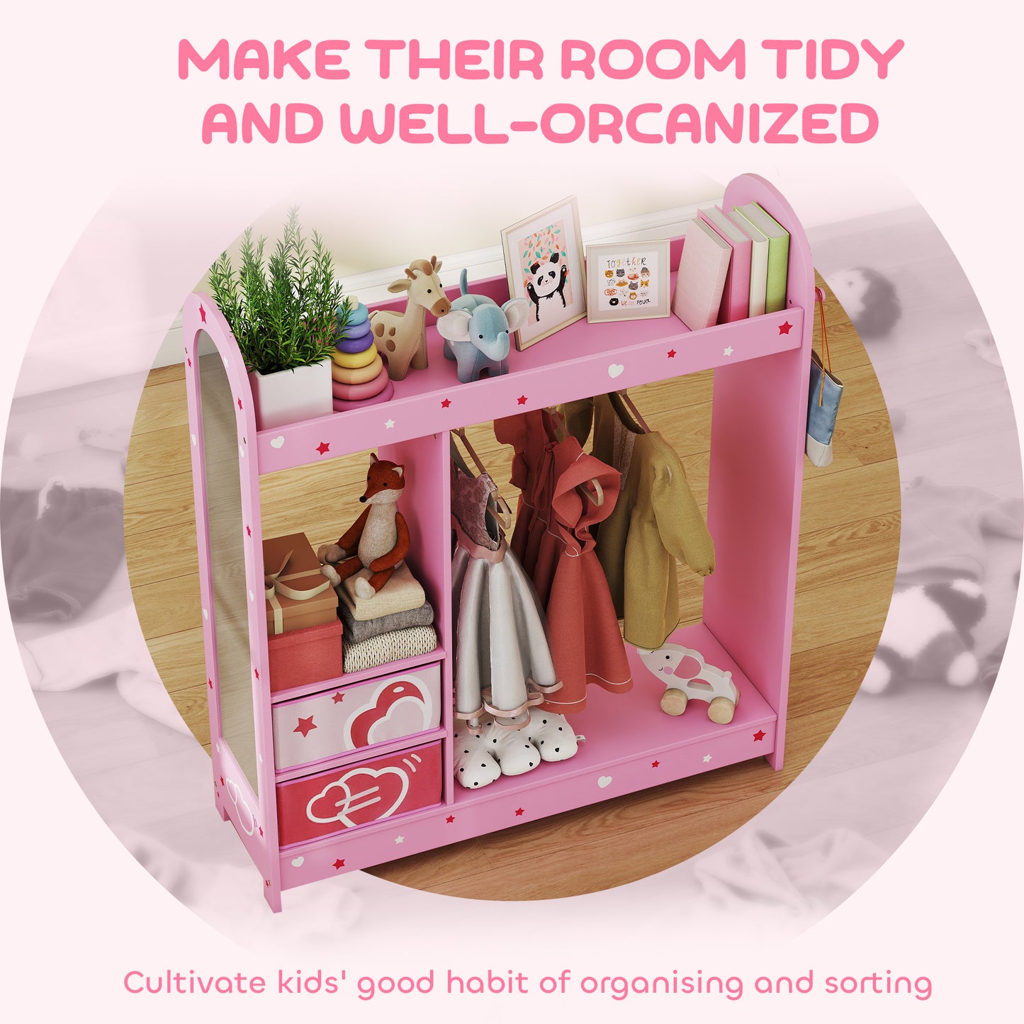 AIYAPLAY Kids Clothes Rail Wardrobe With Mirror Shelves Top Shelf Two Storage Boxes Hooks For Bedroom Nursery Pink