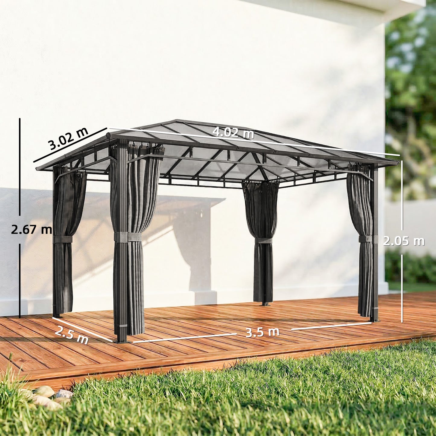 Outsunny 3 x 4 m Outdoor Hardtop Gazebo With Polycarbonate Roof Aluminum Permanent Pavilion With Curtains Dark Grey