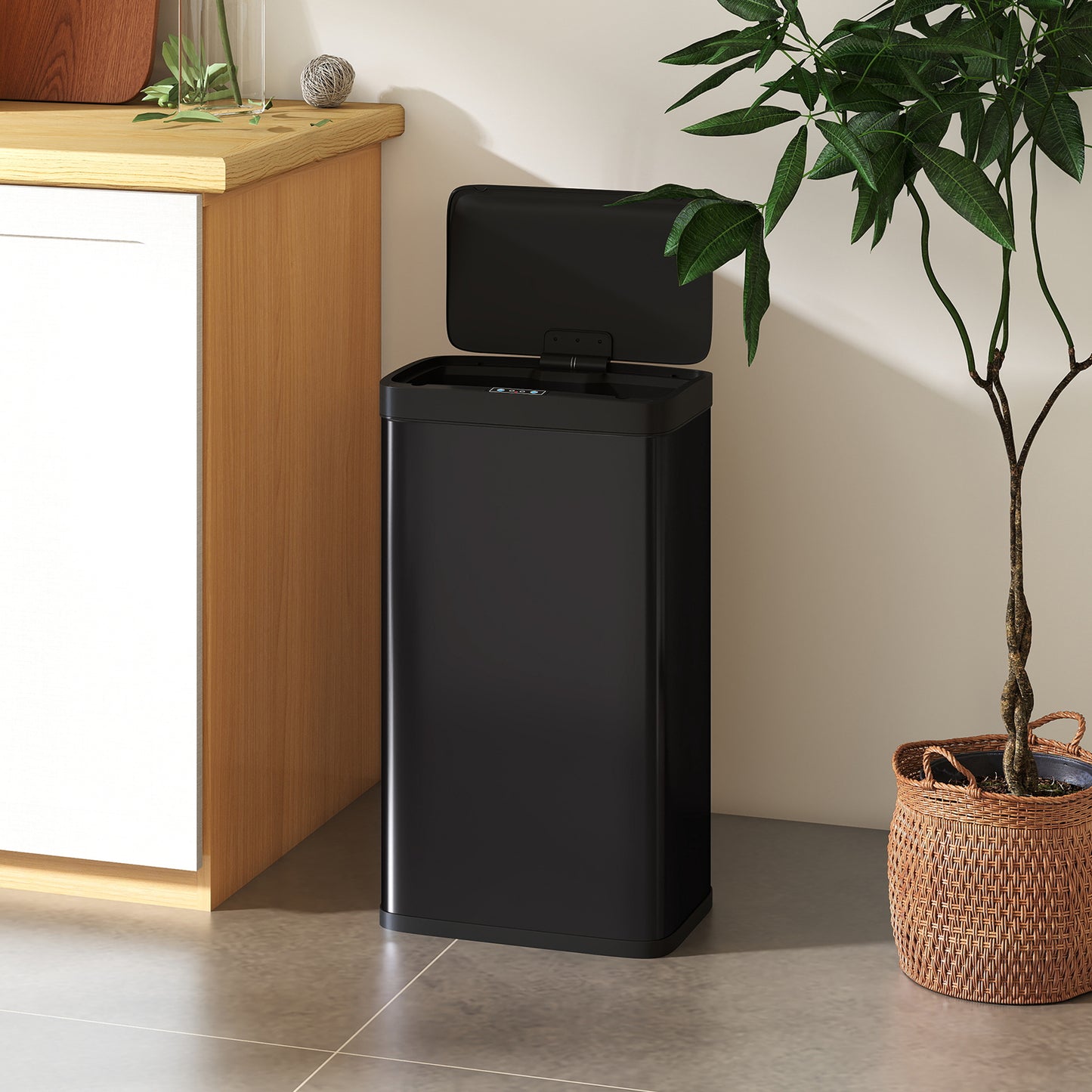 HOMCOM 45L Kitchen Sensor Bin Black Touchless Motion Sensor Lid Auto Open And Quiet Close With Removable Inner Bucket