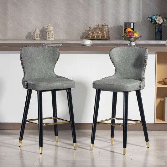 HOMCOM Bar Stools Set Of 2 PU Leather With Backrest Footrest And Wood Legs For Kitchen Counter Grey